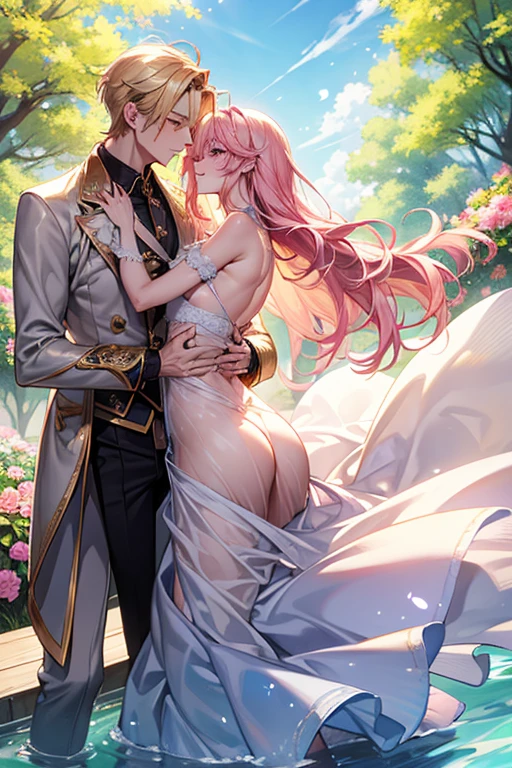 kiss、couple、Lovers、romance、Overflowing、Full body painting、exposed chest、Sheer lace underwear、Underwear to take off、nipple、nippleが透ける、ピンクnipple、pink areola、clitoris、between strands、coupleポーズ, attractive pose, kissing together cutely, passionate pose, 素敵なcouple, 1 male,(blonde hair, gold eyes、expensive、190 cm、manly、Handsome guy、beautiful shape、best style、Beautiful prince,strong body、sexy costume、expensive、Wet gowns、open chest、flowing)、1 female(pink hair,straight long hair、pink eyes、cute big eyes,優しいlaughter、flowers in hair、petite、huge tit、best style、perfect style、rise)、Put your arms around your waist、hug、Grabbing the waist、araffe woman in a white lingerie posing for a picture, lingeries beauty, wearing sexy lingerie, , translucent dress, translucent body, iridescent shiny sheer lingerie, sexy dress, wavy lingeries, smooth clear white skin, lingerie, beautiful sexy woman photo, sexy style, Lovely lady, Transparent Dress, V-chest open clothes, young graceful、squirt、splash water、Izumi, In the park on a sunny day, bright sunny day、bright sunny summer day,blue sky、shine、about、shine湖、clear water、Bright sunshine、colorful flowers、surrounded by flowers、close contact、laughter、slight smile、gentle eyes