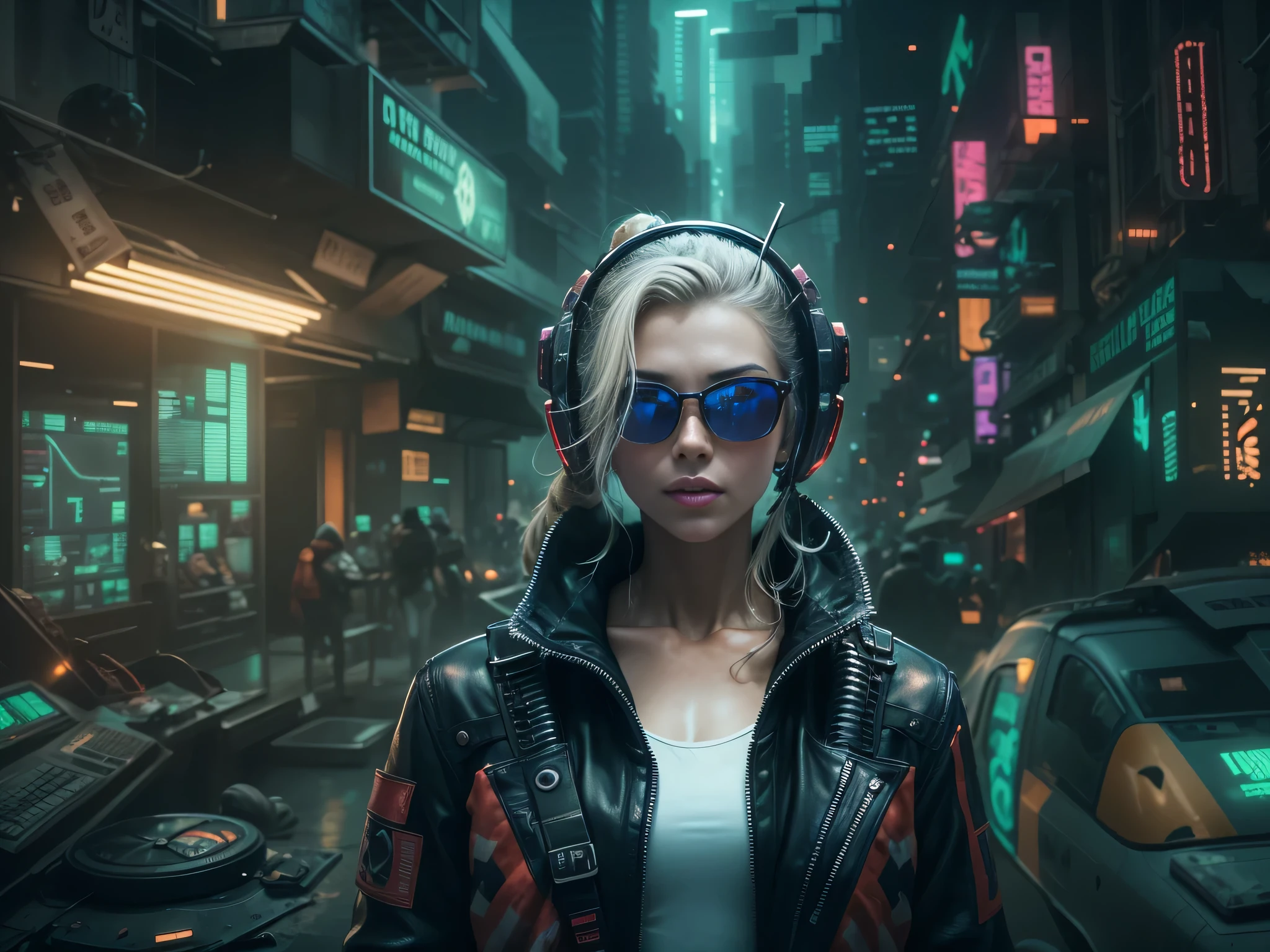 En un ambiente futurista y ciberpunk estilo Blade Runner, Captura una Imagen de medio plano de una mujer rubia vestida con un traje cyberpunk que le tapa todo el cuerpo en un entorno cyberpunk alegre, surrounded by holographic code, interfaz de usuario futurista y paisajes virtuales, surreal cyberpunk art style,  dressed in a xenomorph alien style suit and with dark cyberpunk sunglasses, Science fiction, Design h.r. giger, alíen xenomorfo, camera: POV, Lente: Lente de realidad aumentada, 4k resolution 