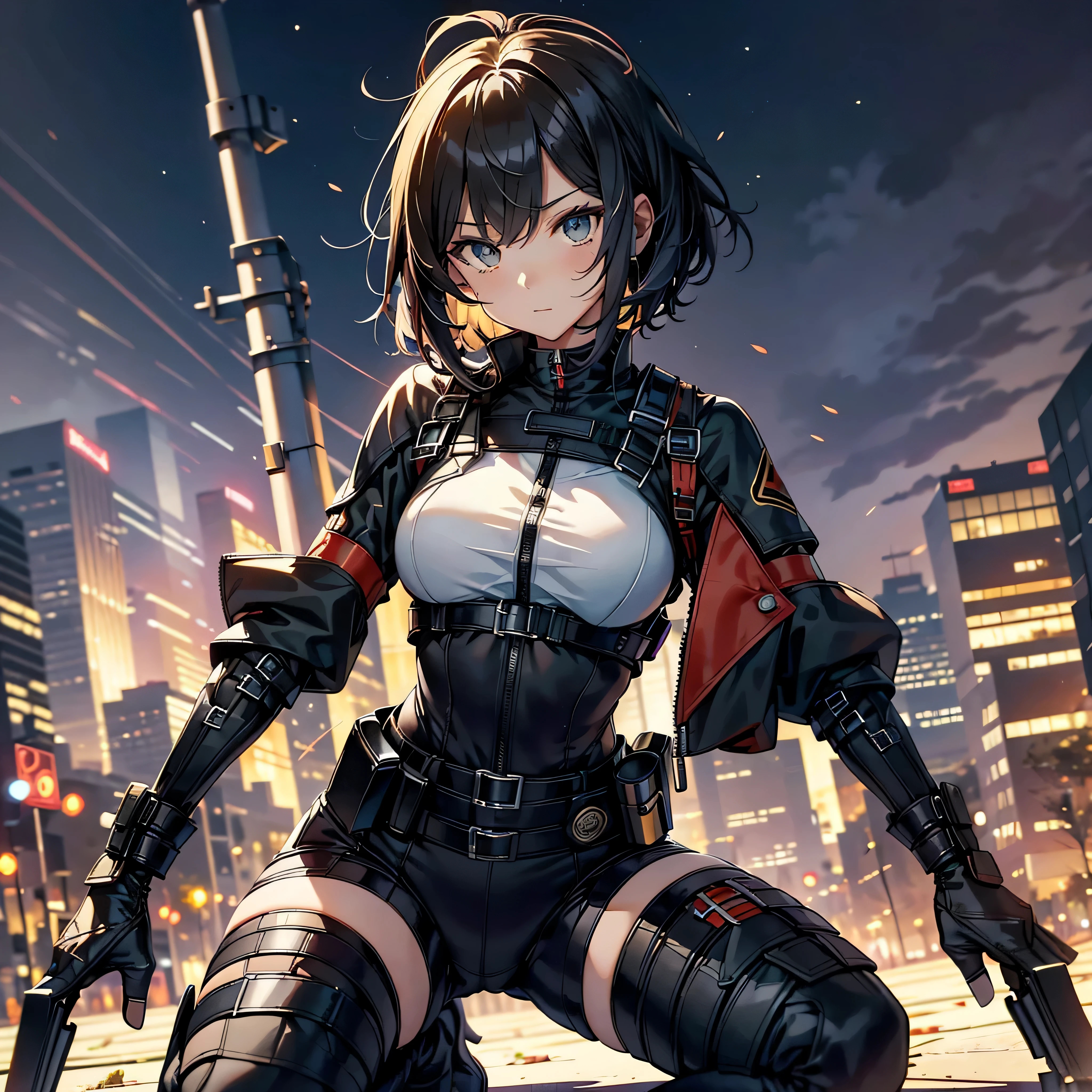 best quality,T Masterpiece,ultimate resolution,fluff,非常にcolorful,colorful,female combatant,(kneeling pose)(pointing at you with his butt)mature woman,Black Super Short Hair,tight combat uniform,tight suit,Steel City Background,night,normal posture,normal posture