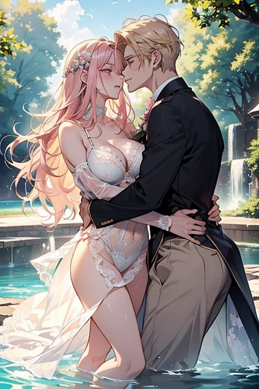 kiss、couple、Lovers、romance、Overflowing、Full body painting、exposed chest、Sheer lace underwear、Underwear to take off、nipple、nippleが透ける、ピンクnipple、pink areola、clitoris、between strands、coupleポーズ, attractive pose, kissing together cutely, passionate pose, 素敵なcouple, 1 male,(blonde hair, gold eyes、expensive、190 cm、manly、Handsome guy、beautiful shape、best style、Beautiful prince,strong body、sexy costume、expensive、Wet gowns、open chest、flowing)、1 female(pink hair,straight long hair、pink eyes、cute big eyes,優しいlaughter、flowers in hair、petite、huge tit、best style、perfect style、rise)、Put your arms around your waist、hug、Grabbing the waist、araffe woman in a white lingerie posing for a picture, lingeries beauty, wearing sexy lingerie, , translucent dress, translucent body, iridescent shiny sheer lingerie, sexy dress, wavy lingeries, smooth clear white skin, lingerie, beautiful sexy woman photo, sexy style, Lovely lady, Transparent Dress, V-chest open clothes, young graceful、squirt、splash water、Izumi, In the park on a sunny day, bright sunny day、bright sunny summer day,blue sky、shine、about、shine湖、clear water、Bright sunshine、colorful flowers、surrounded by flowers、close contact、laughter、slight smile、gentle eyes