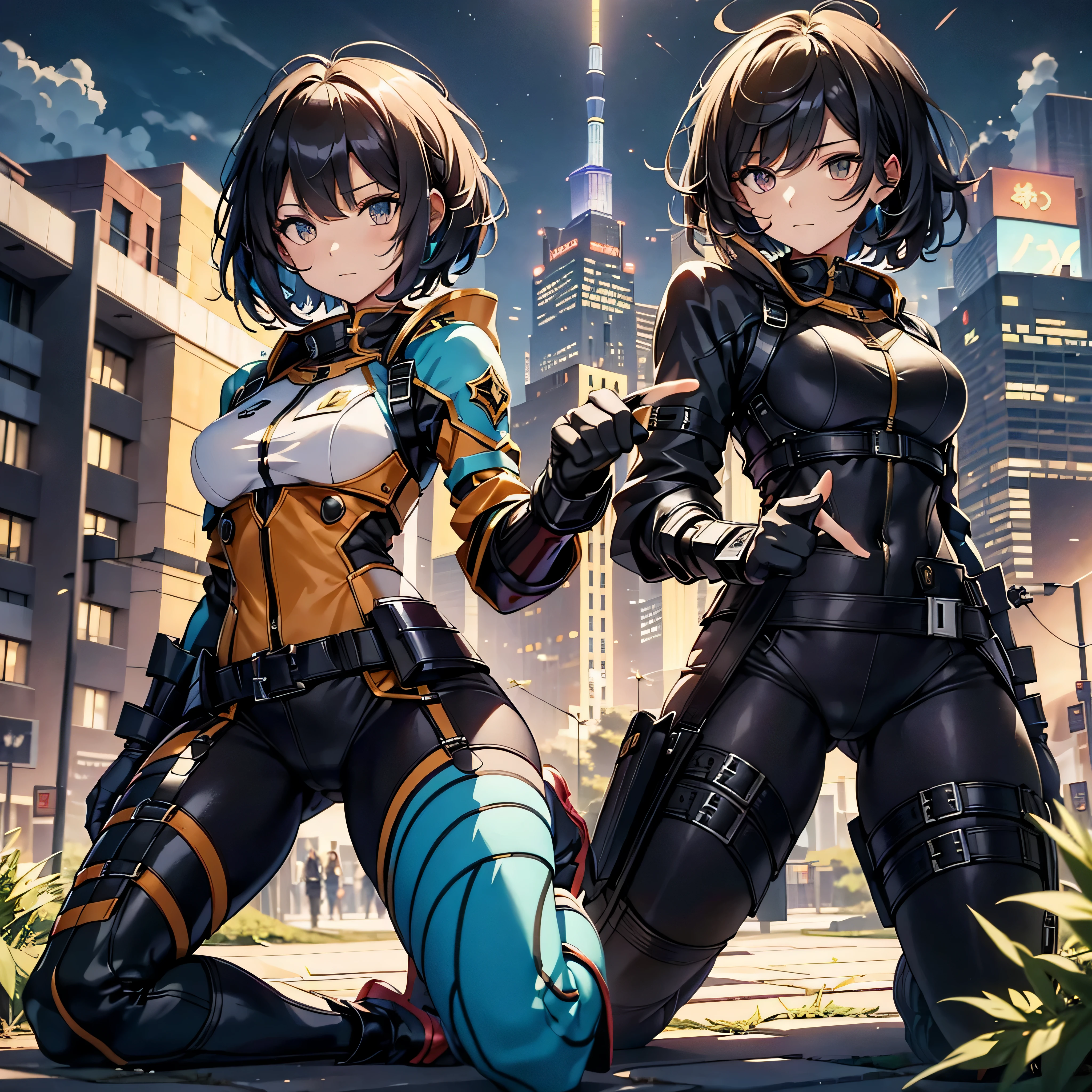 best quality,T Masterpiece,ultimate resolution,fluff,非常にcolorful,colorful,female combatant,(kneeling pose)(pointing at you with his butt)mature woman,Black Super Short Hair,tight combat uniform,tight suit,Steel City Background,night,normal posture,normal posture