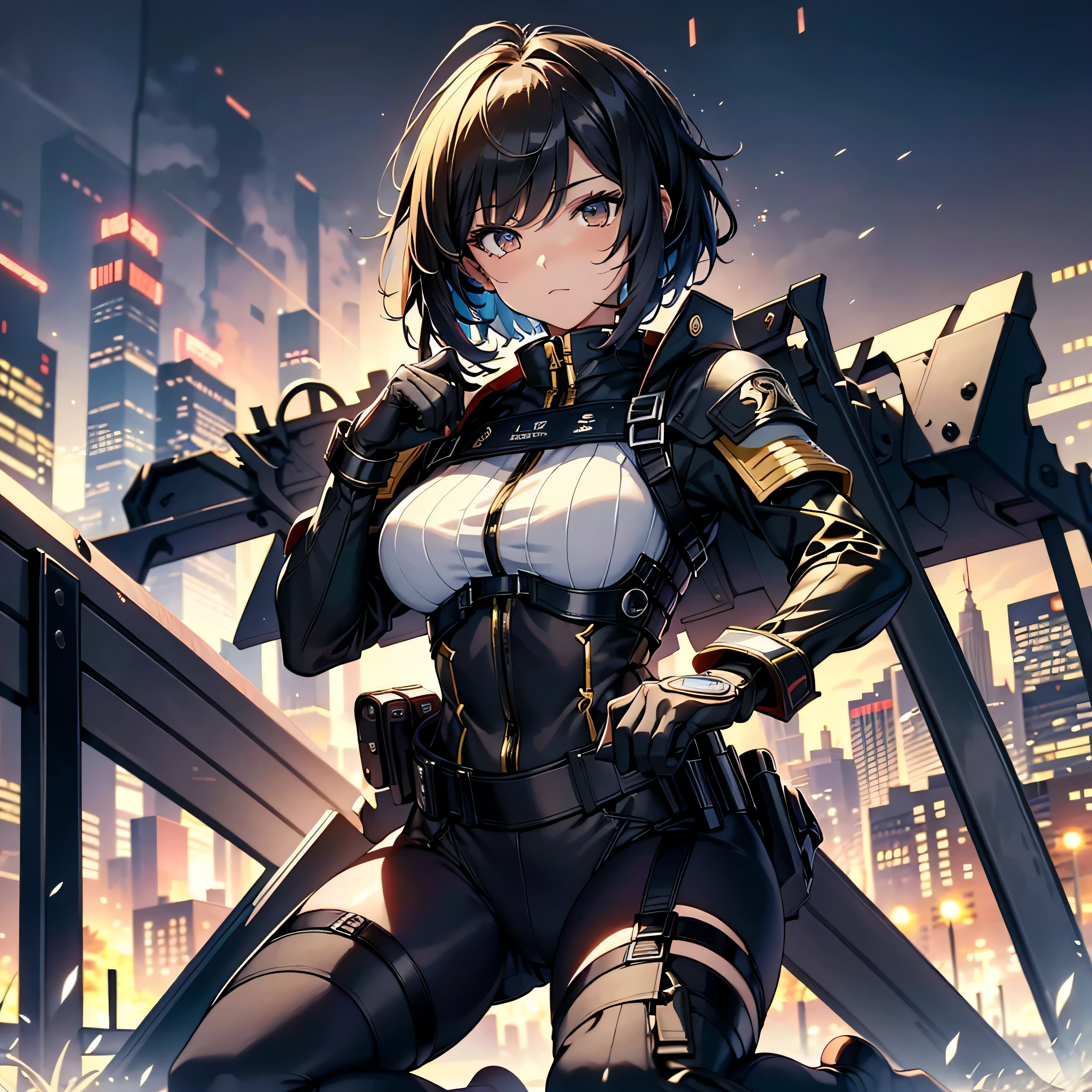 best quality,T Masterpiece,ultimate resolution,fluff,非常にcolorful,colorful,female combatant,(kneeling pose)(pointing at you with his butt)mature woman,Black Super Short Hair,tight combat uniform,tight suit,Steel City Background,night,normal posture,normal posture