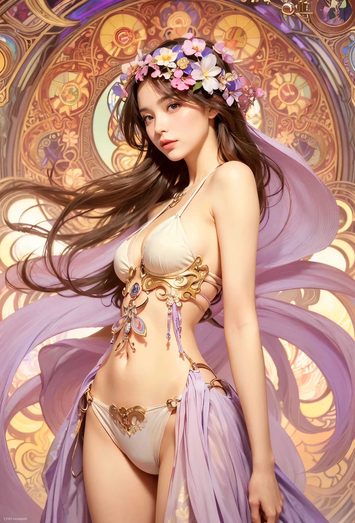 (best quality photo of an ultra beautiful girl wearing a bikini:1.3), (Alfons Mucha’s artwork:1.4 )(Fractal Art, colorfull, artistic fantasy art, vivid colors, purple tone:1.2), (An extremely delicate and beautiful work:1.2),(she is the embodiment of beauty and allure, her clothes are soft and light texture as air,),A very beautiful and attractive woman, (perfect anatomy:1.1),shiny skin ,(age:1.2),(detailed face), detailed eyes, black eyes, lustrous lips ,(looking at viewer), subtle smile, beautiful figure, slender abs, dark brown long hair,(best quality, masterpiece, ultra detailed, ultra high res, photorealistic, raw photo, absurdres, absolutely resolution:1.4),