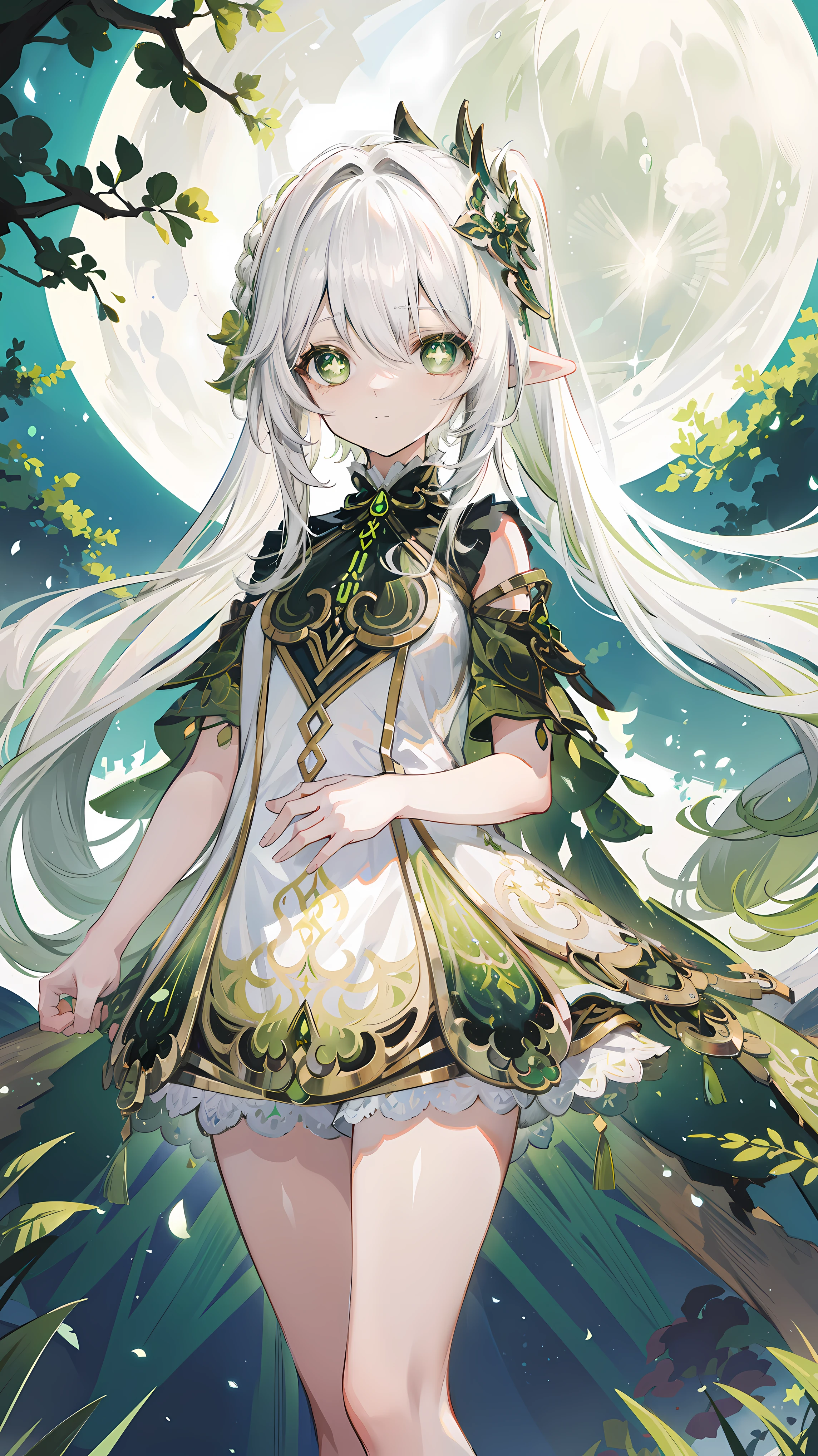 nahida_Genshin,(white hair),cross-shaped pupils,default_skirt,green capelet,simple background,moon,The breath of life,green,grassland,The breath of life,Gentle yet powerful divinity,There is a sense of majesty