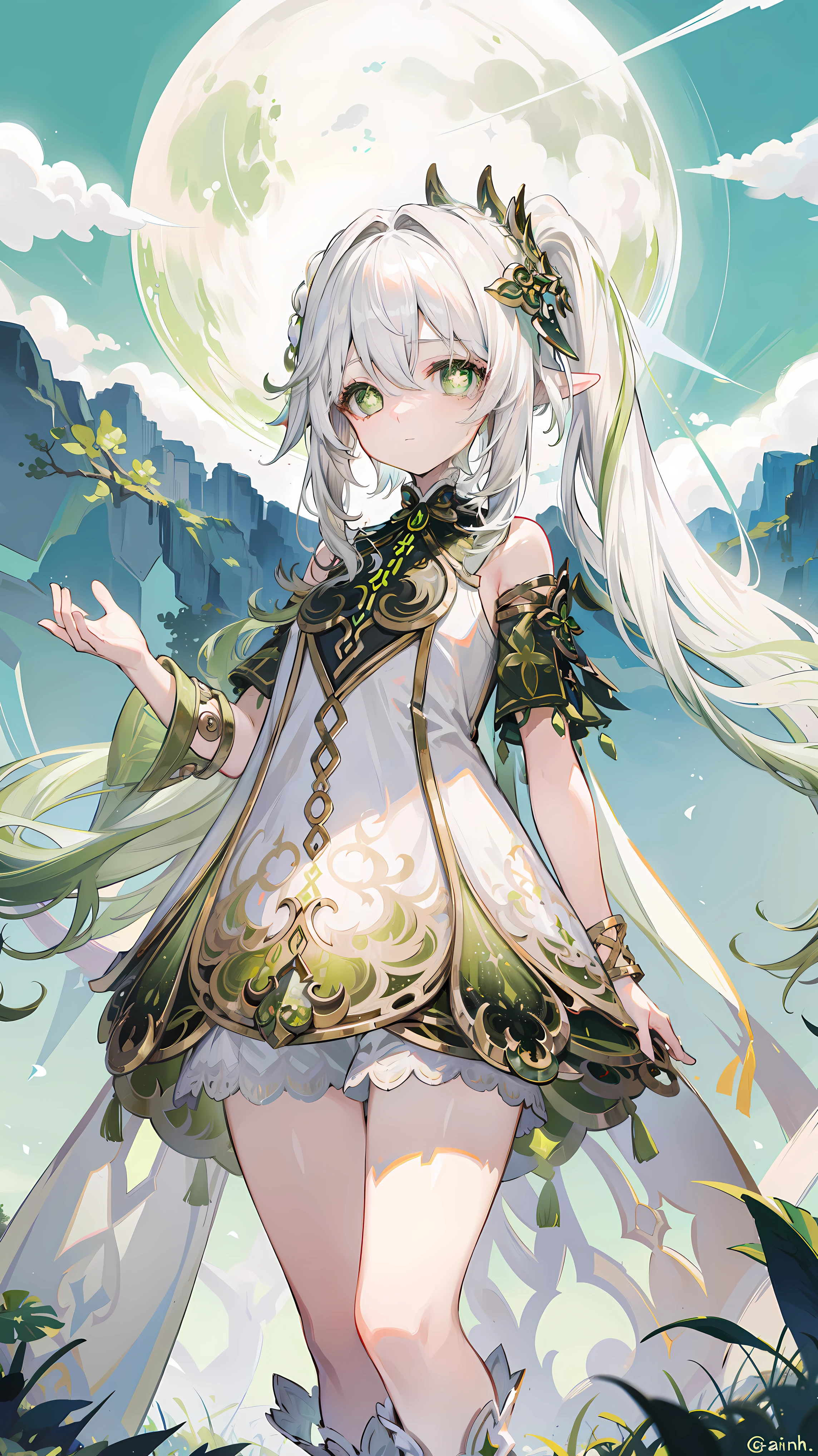 nahida_Genshin,(white hair),cross-shaped pupils,default_skirt,green capelet,simple background,moon,The breath of life,green,grassland,The breath of life,Gentle yet powerful divinity,There is a sense of majesty