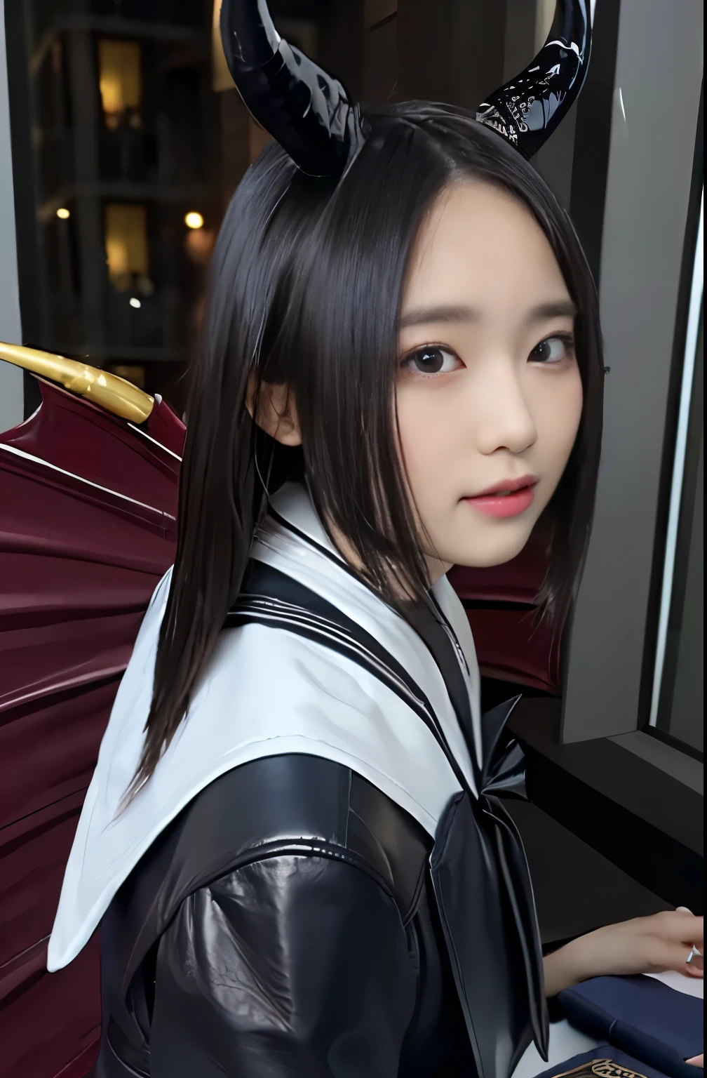 (masterpiece,top-quality,超A high resolution),A Japanese Lady, (((extremely beautyful girl))), Kawaii Girl、View photographer、Front view, ((Bob Hair)), hyper cute face, ((glass)), Glossy lips, Double eyelids in both eyes, Natural makeup, long eyelashes, shiny and smooth hair, central image, Perfect limbs, Perfect Anatomy,(((Black leather sailor suit、Black Leather Pleated Skirt、Navel))),(((Black Leather Knee High Boots))), (((A very cute 30-year-old succubus)))、(((long)))、(((On the head4Devil's horn in the book)))、(((Black giant dragon wings))、(((nightcity))), Halloween, fancy dress, Shibuya, very big breast, nsfw,