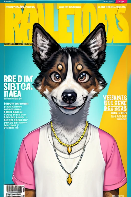  (((Magazine cover with main headlines illustration, propagandas, frases de destaque na capa da revista, Canine Cuteness is the title at the top of the magazine, Collie breed dog)))),
 com camiseta aberta desabotoado estilo floral havaiano, wearing seed necklace around neck, wearing 3-glasses art fold, melhor qualidade, , ar livre, 