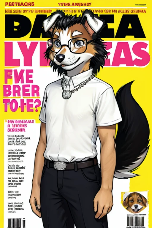 (((Magazine cover with main headlines illustration, propagandas, frases de destaque na capa da revista, Canine Cuteness is the title at the top of the magazine, Collie breed dog)))),
com camiseta aberta desabotoado estilo floral havaiano, wearing seed necklace around neck, wearing 3-glasses art fold, melhor qualidade, , ar livre,
