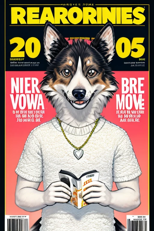(((Magazine cover with main headlines illustration, propagandas, frases de destaque na capa da revista, Canine Cuteness is the title at the top of the magazine, Collie breed dog)))),
com camiseta aberta desabotoado estilo floral havaiano, wearing seed necklace around neck, wearing 3-glasses art fold, melhor qualidade, , ar livre,