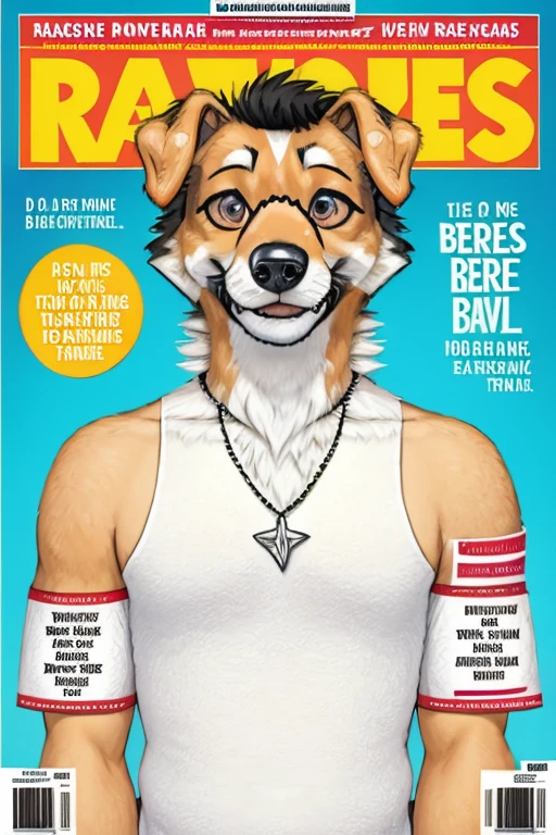 (((Magazine cover with main headlines illustration, propagandas, frases de destaque na capa da revista, Canine Cuteness is the title at the top of the magazine, Collie breed dog)))),
com camiseta aberta desabotoado estilo floral havaiano, wearing seed necklace around neck, wearing 3-glasses art fold, melhor qualidade, , ar livre,