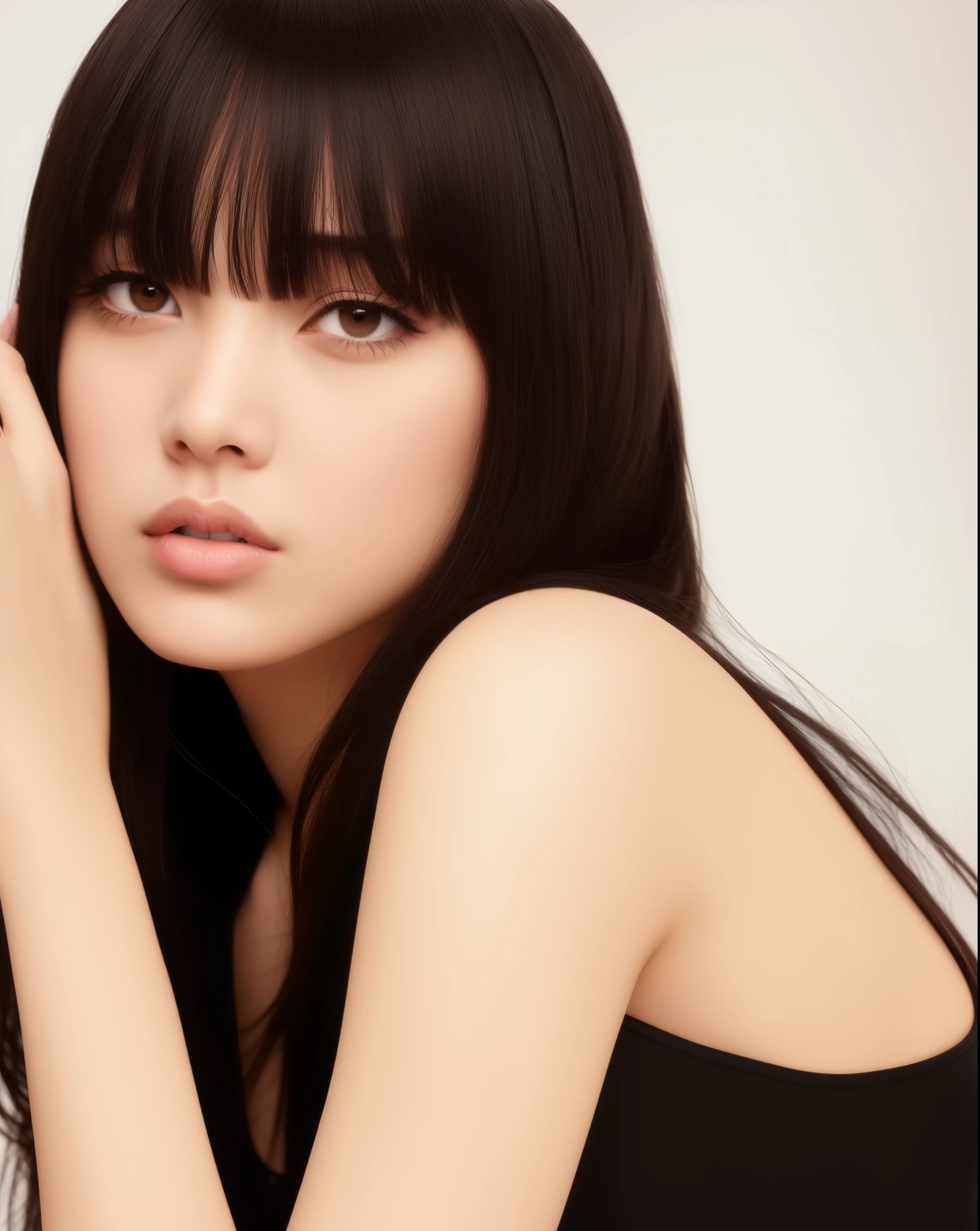 Mujer arafed con largo cabello negro y flequillo apoyado contra una pared., ella tiene el pelo negro con flequillo, sui ishida con cabello negro, kiko mizuhara, pelo largo y negro con flequillo, Lalisa Manobal, pelo negro y flequillo blanco, Hye Kyo song, japanese model, jennie rosa negro, con flequillo completo, pelo largo y oscuro con flequillo