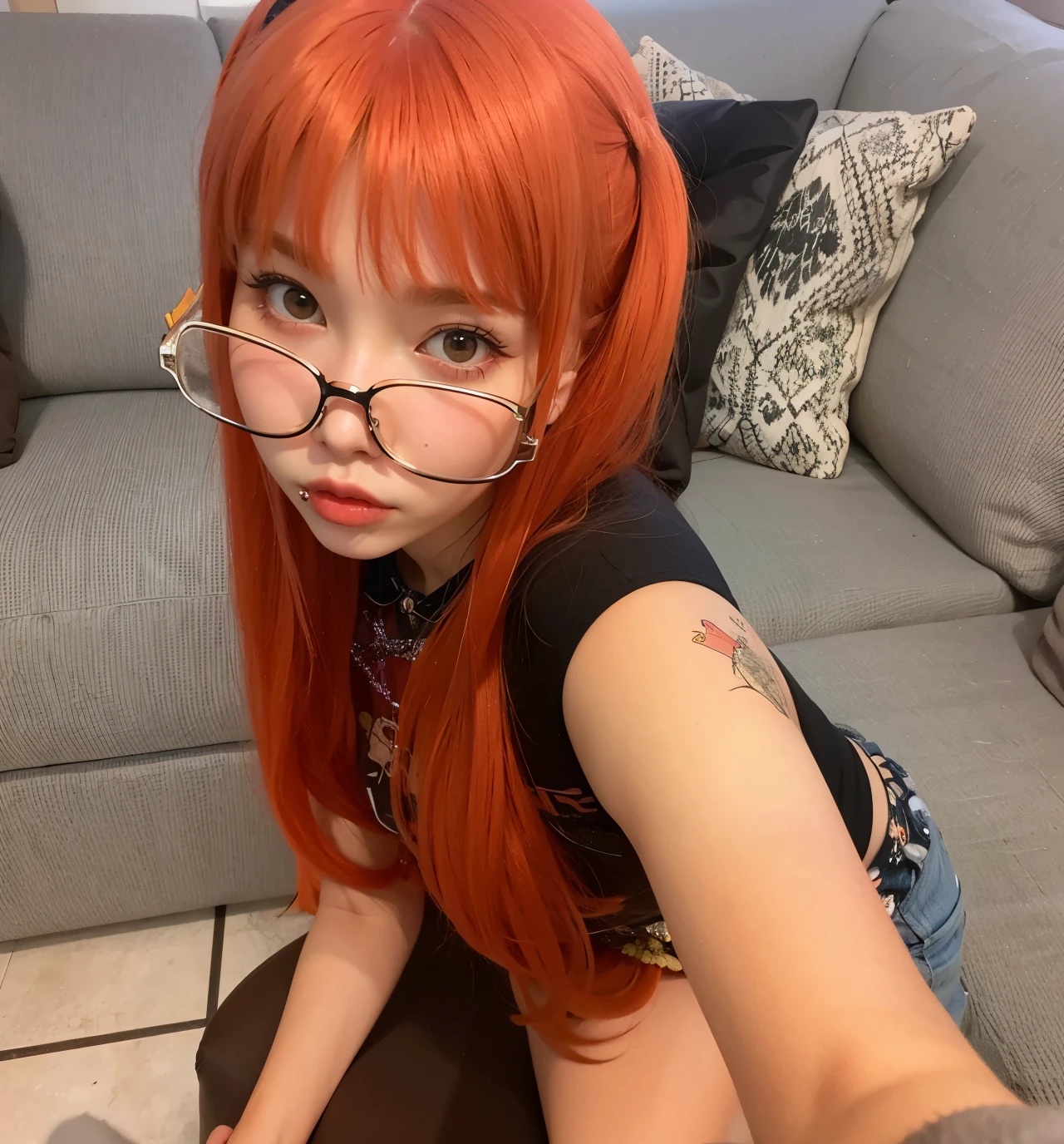 there is a woman with red hair and glasses sitting on a couch, belle delphine, long orange hair, she has long redorange hair, with glasses, madison beer as leeloo, very long orange hair, orange hair, she looks like a mix of grimes, with full bangs, anime girl in real life, ayaka cosplay, joy red velvet