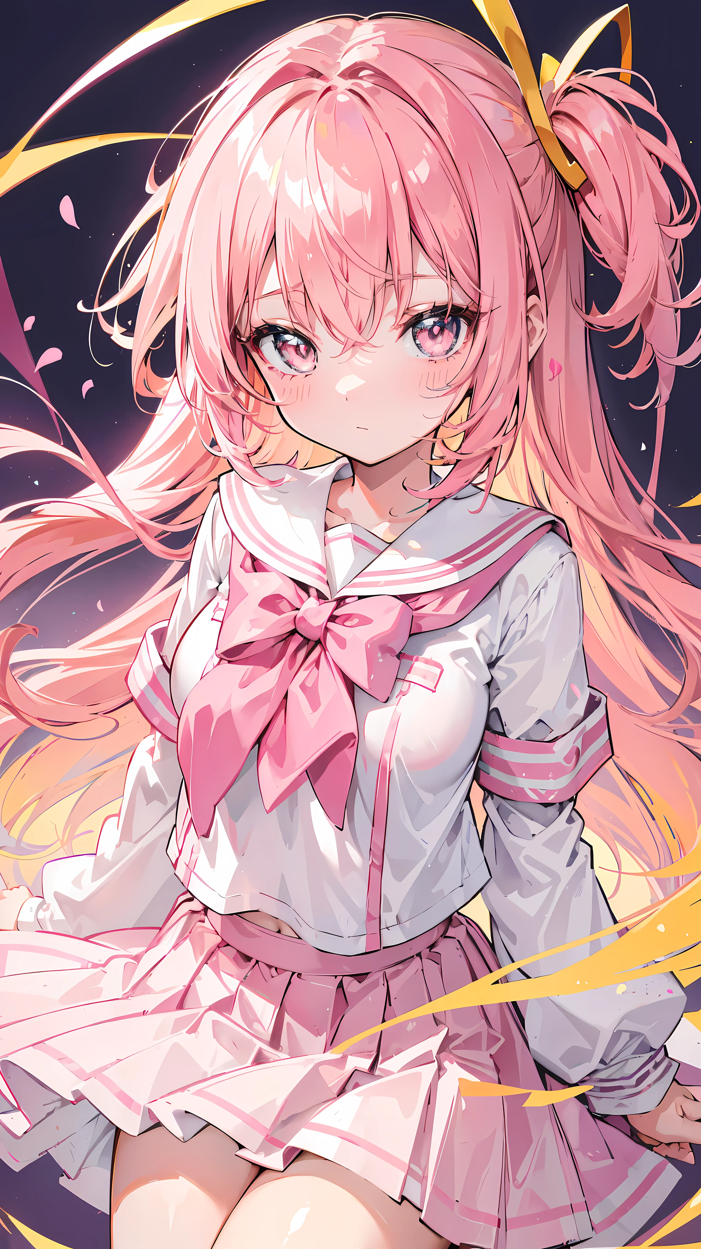 Glowing light pink,hair and pupils,Pink school uniform, and white,Sweet girl,The whole thing is shiny
