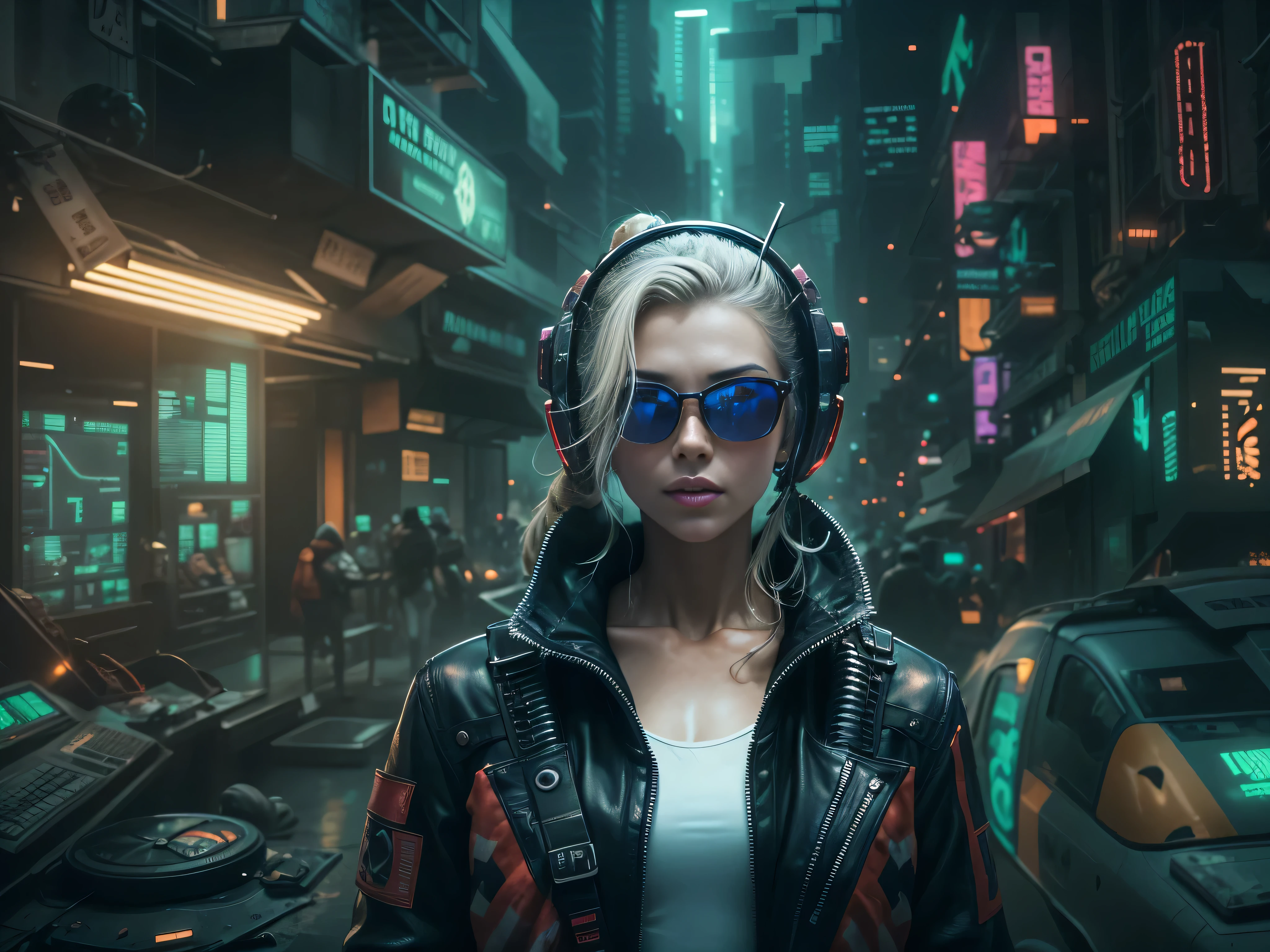 En un ambiente futurista y ciberpunk estilo Blade Runner, Captura una Imagen de medio plano de una mujer rubia vestida con un traje cyberpunk que le tapa todo el cuerpo en un entorno cyberpunk alegre, surrounded by holographic code, interfaz de usuario futurista y paisajes virtuales, surreal cyberpunk art style, dressed in a xenomorph alien style suit and with dark cyberpunk sunglasses, Science fiction, Design h.r. giger, alíen xenomorfo, camera: POV, Lente: Lente de realidad aumentada, 4k resolution