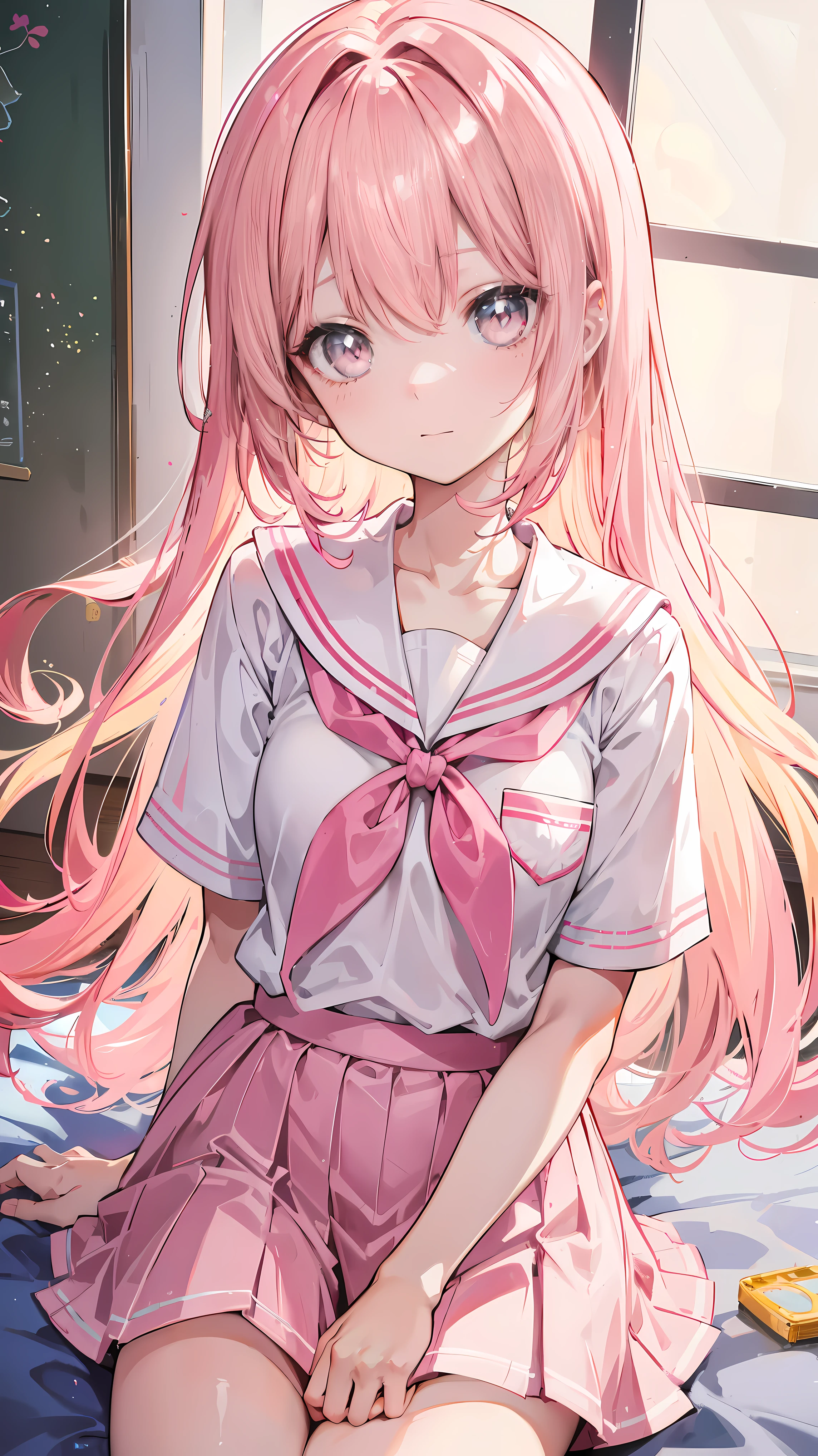 Glowing light pink,hair and pupils,Pink school uniform, and white,Sweet loli girl,The whole thing is shiny