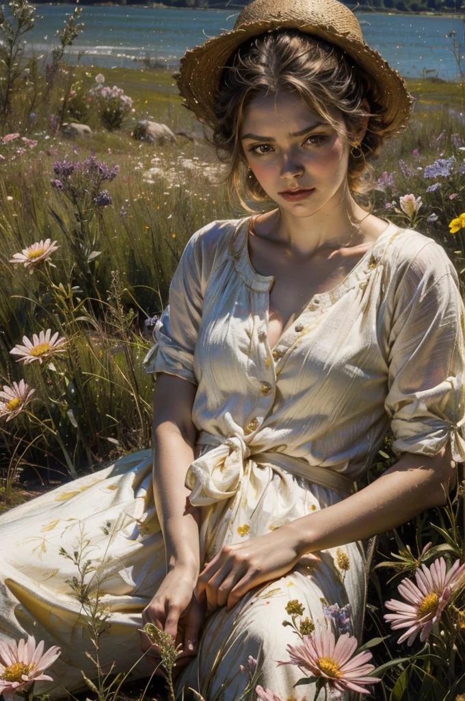 One Rabbit looking straight at the camera in a meadow full of flowers, Warm Light