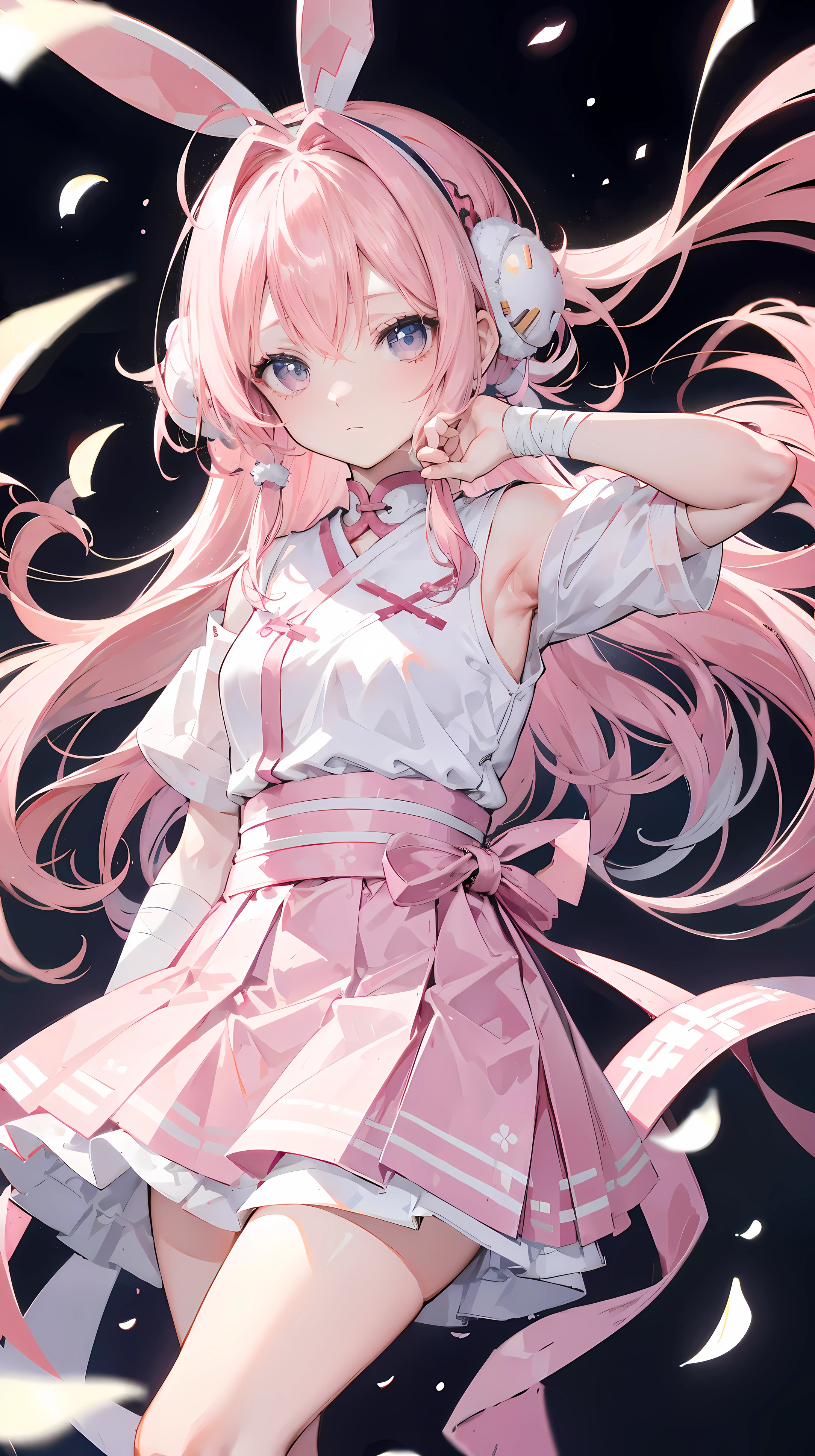 Two-dimensional anime wallpaper，light pink hair，，Sakura hair accessories，girl，white短袖系带式校服，The arm is wrapped in a bandage，light gray mini skirt，Bandages wrapped around his head，medium build，Hair a little messy，With a dull expression，warm color palette，white