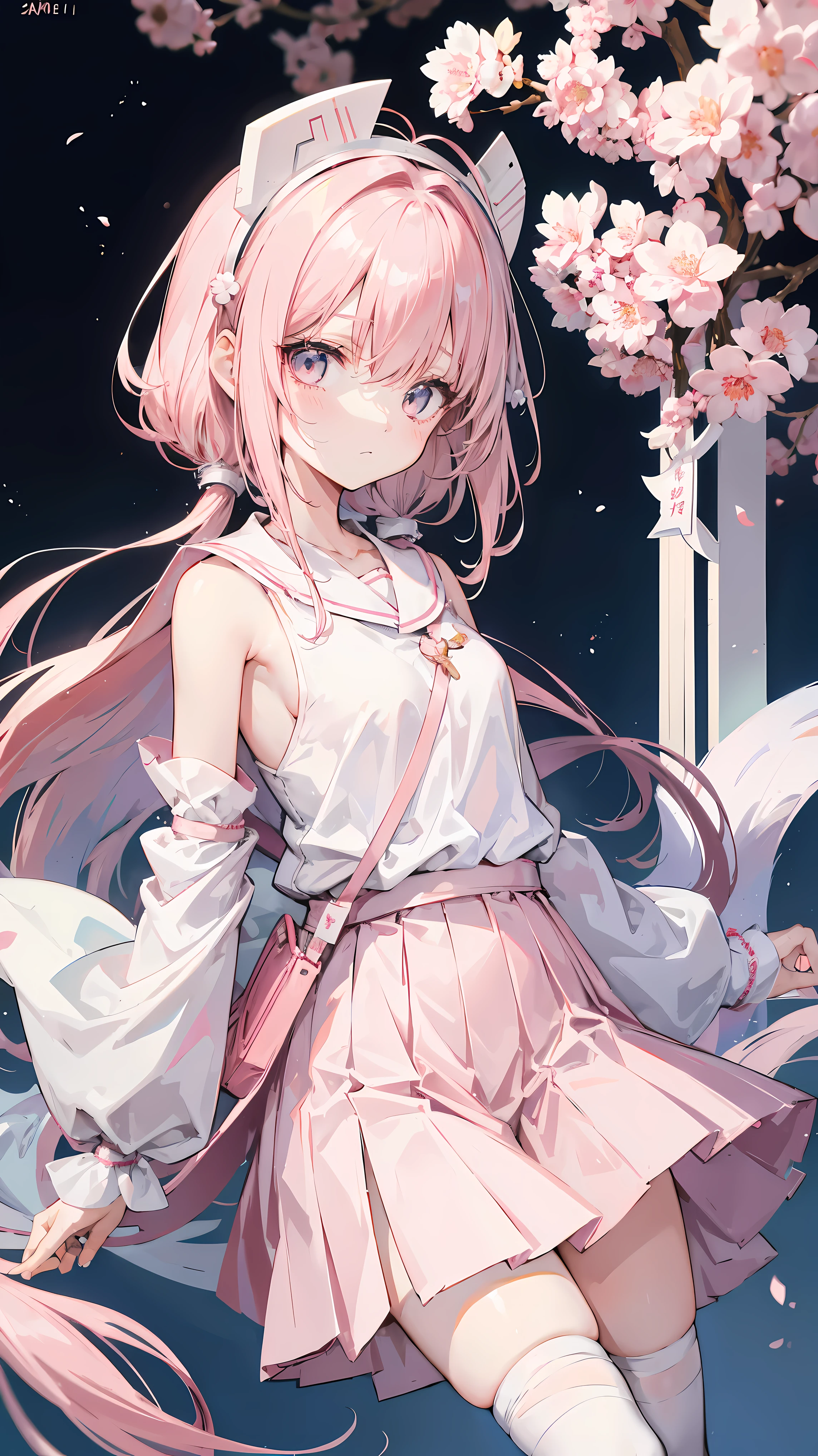 Two-dimensional anime wallpaper,light pink hair,,Sakura hair accessories,girl,white短袖系带式校服,The arm is wrapped in a bandage,light gray mini skirt,Bandages wrapped around his head,medium build,Hair a little messy,With a dull expression,warm color palette,white