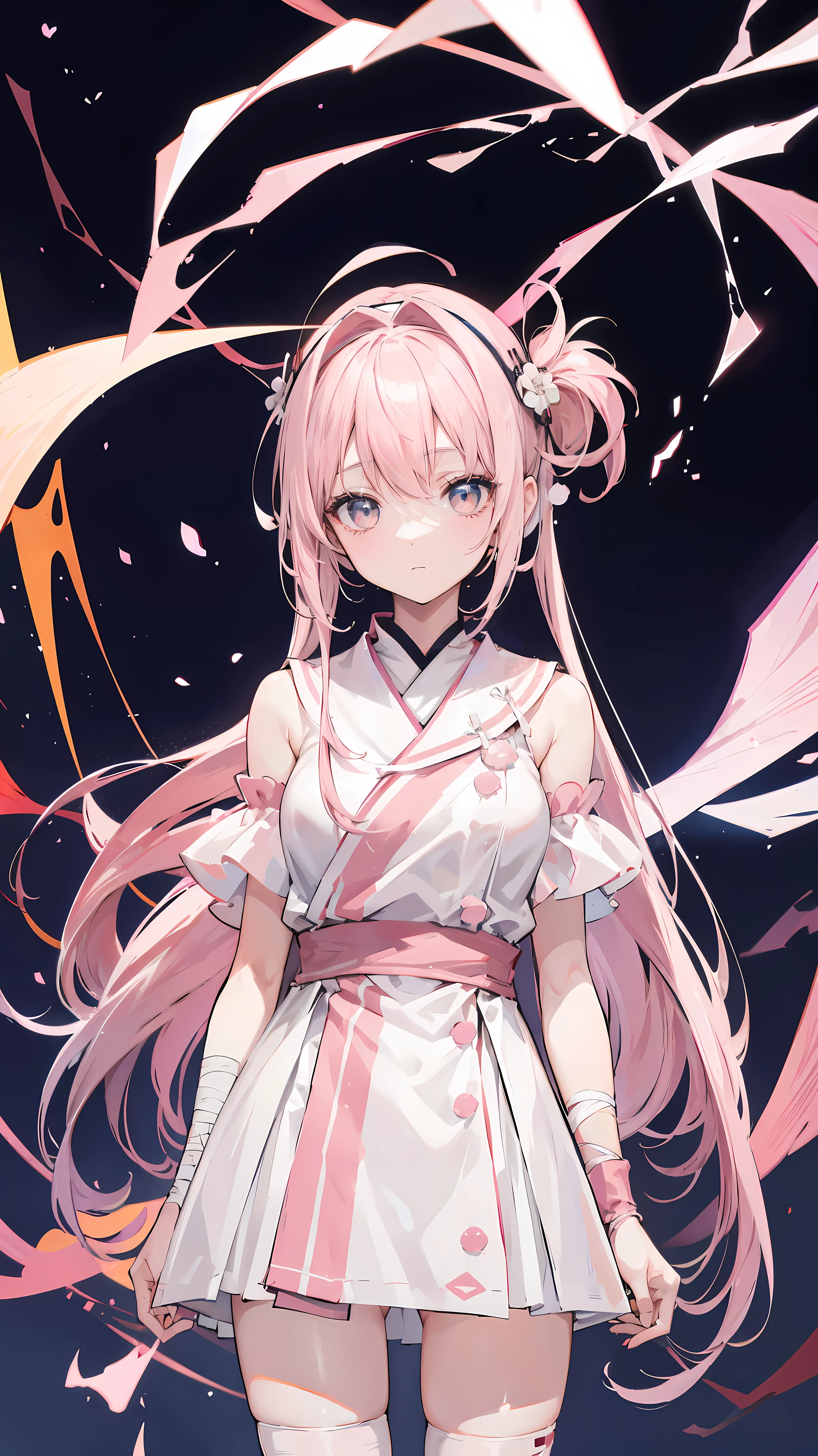Two-dimensional anime wallpaper,light pink hair,,Sakura hair accessories,girl,white短袖系带式校服,The arm is wrapped in a bandage,light gray mini skirt,Bandages wrapped around his head,medium build,Hair a little messy,With a dull expression,warm color palette,white
