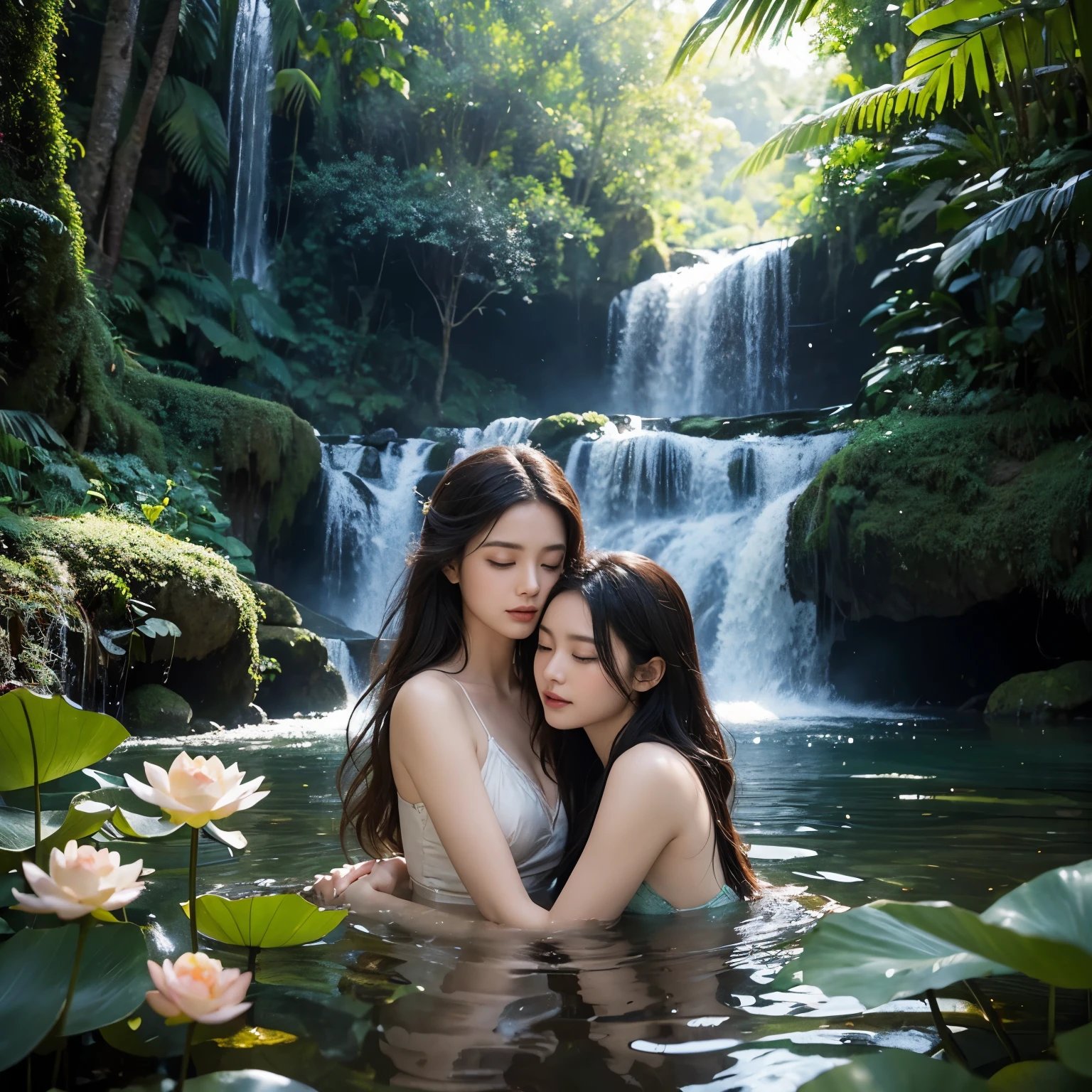 Create a captivating image that captures the essence of an epic romance fantasy movie. Picture two individuals lying on the ground in front of a majestic waterfall within a lush jungle environment. The scene is bathed in soft, dramatic light, with a realistic fantasy touch to the photography. Focus on a close-up shot, emphasizing the details of the moment, with a shallow depth of field to enhance the dreamlike atmosphere. Incorporate bokeh to add a touch of magic, and include lotus flowers gently floating in the water, enhancing the romantic ambiance of this enchanting scene.