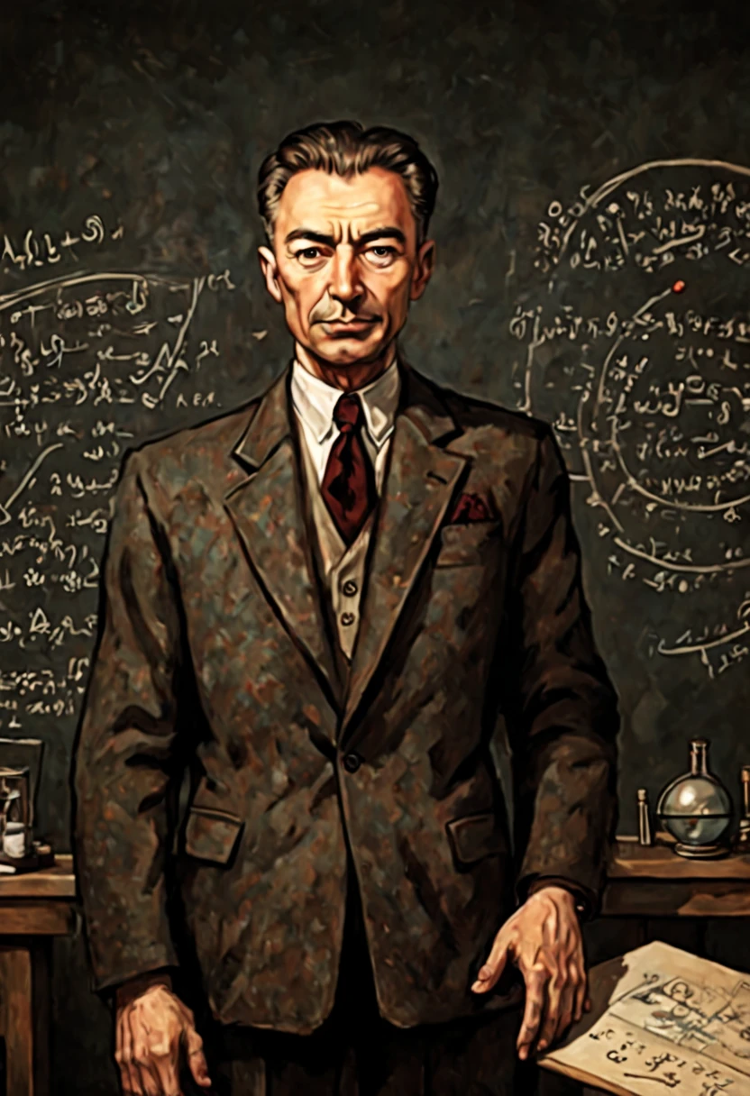 best quality,portrait's painting style,ultra-detailed,realistic colors,high-res, Adult Robert Oppenheimer,eminent physicist, Kentaro Miura art style, detailed face and expression,serious gaze,T-shaped glasses,beard and mustache,shadowy lighting, 1940s attire,tweed jacket and bow tie,background with scientific symbols and equations,vibrant and contrasted colors, oil painting effect,meticulous brushstrokes,aged canvas texture, intense and dramatic atmosphere,captures the complexity of Oppenheimer's character and contributions to the atomic bomb, inspires sadness and reflection, visible drawing lines, black formal suit, upper body shot. blackboard on the background
