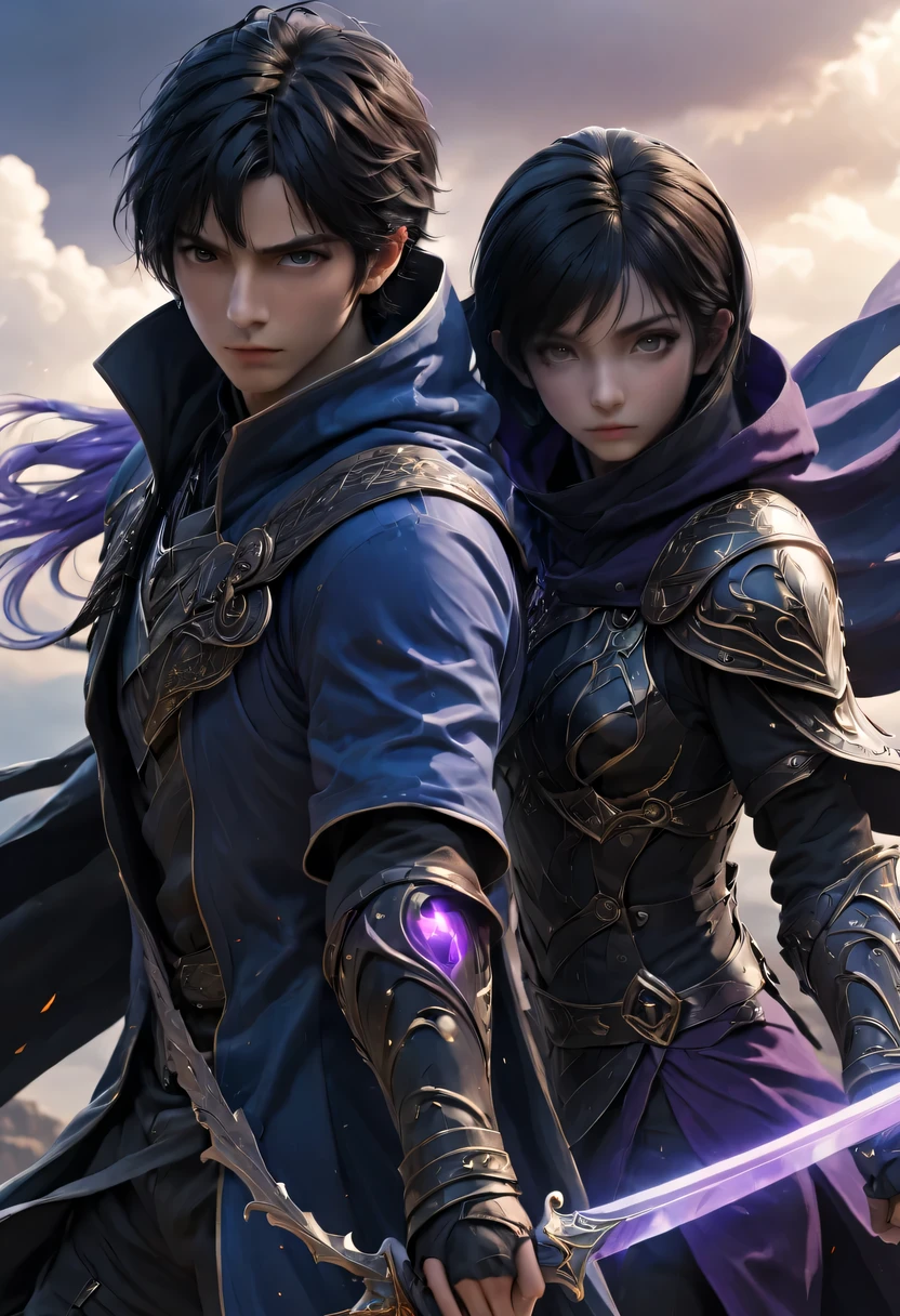 Adult mage character wearing hooded robes and gothic armor with black details,There is also an adult mage character wearing a robe next to him, capuz. tax status, A serious expression appeared on his face, Straight black hair tied up, Black hair is an extraordinary beauty, Gorgeous, blue eye color, Purple sky and magnificent clouds, arms crossed,strike a majestic pose,standing on a high rock, urban short hair, Web portals, Gorgeous, 8k, Mysterious symbolism, magic, Conn