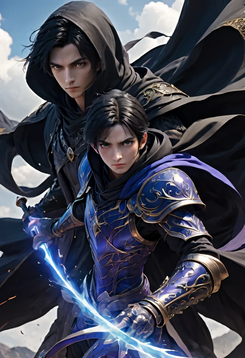 Adult mage character wearing hooded robes and gothic armor with black details，There is also an adult mage character wearing a robe next to him, capuz. tax status, A serious expression appeared on his face, Straight black hair tied up, Black hair is an extraordinary beauty, Gorgeous, blue eye color, Purple sky and magnificent clouds, arms crossed，strike a majestic pose，standing on a high rock, urban short hair, Web portals, Gorgeous, 8k, Mysterious symbolism, magic, Conn