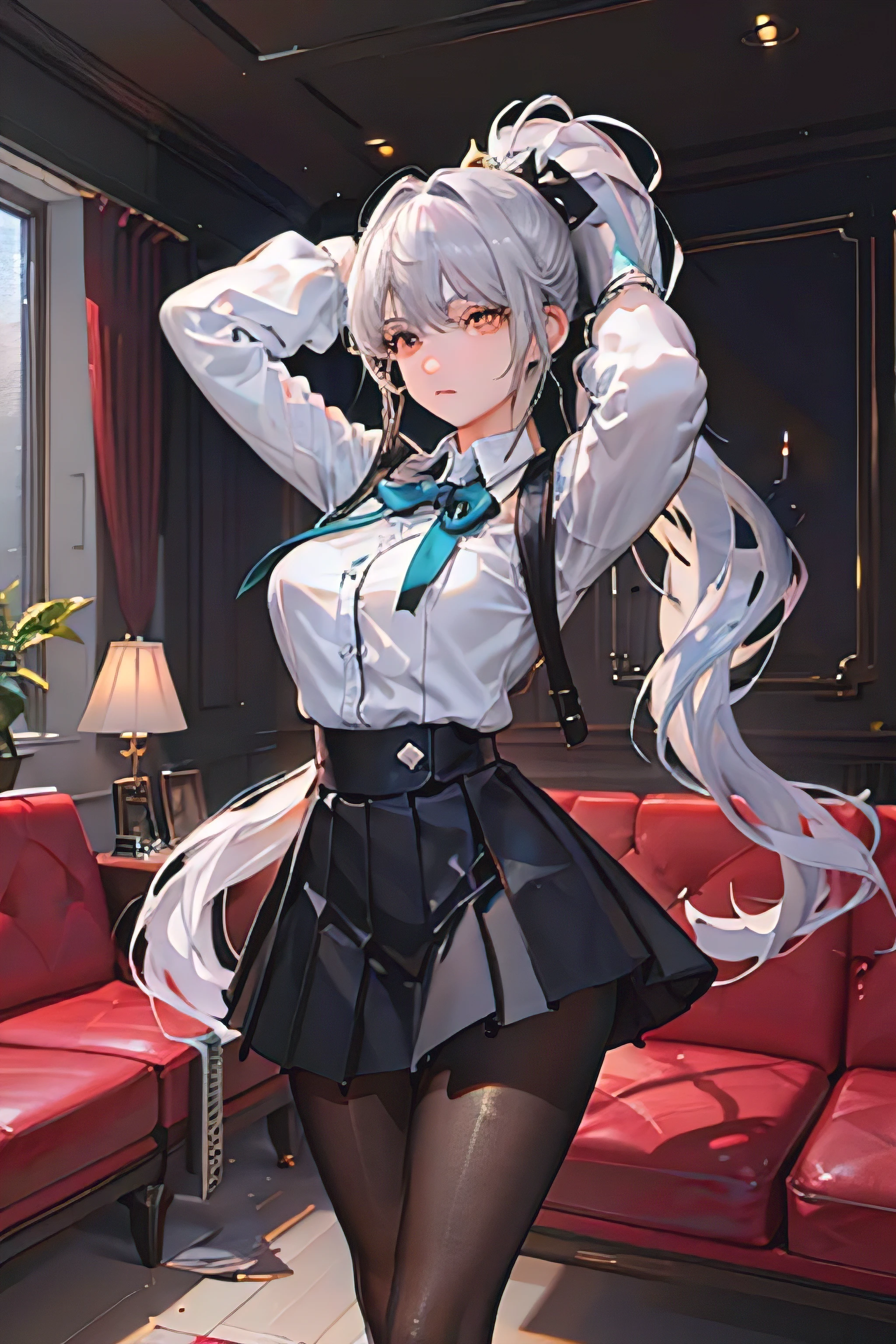 1 girl! Ray tracing, best shadows, high resolution (dim lighting) detailed background (living room) fluffy silver hair, plump and slender girl, high ponytail avoiding golden eyes in the ominous living room (girl wearing white shirt, black wrinkled skirt, with black transparent pantyhose), showing a delicate slim figure and graceful curves, correctly positioned and reasonable limbs! Put your hands behind your head, facial details! Delicate facial features, pay attention to the position details of the legs! Pay attention to hand details! High quality! More eligible! Reduce errors, ultra-detailed CG, more reasonable picture! Delicate finger detailing