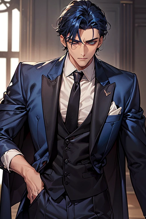 ((muste piece)), ((best quality)), ((brown skin)), ((dark blue eyes)), ((Dark blue hair))、handsome man , masculine、tall、sexy、Adult man、Three white eyes、handsome man、firmly、muscular、broad shoulders、wild、とてもwild、(((black suit))、 (highest quality), very detailed, focus only, very detailed顔,
