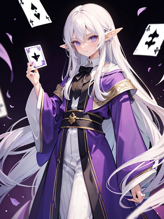 1 male, Elf male, long white hair, wearing reagle purple and black wizard robes, fanticy setting, holding tarro cards, slender body