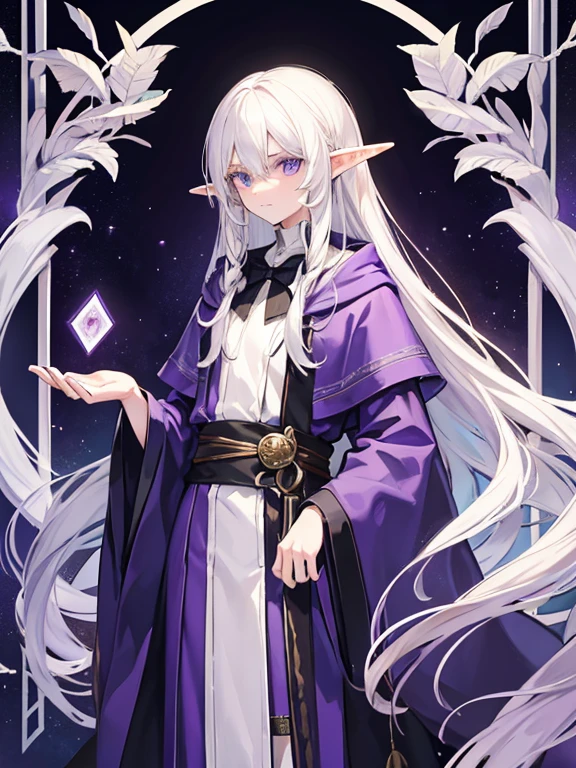 1 male, Elf male, long white hair, wearing reagle purple and black wizard robes, fanticy setting, holding tarro cards, slender body