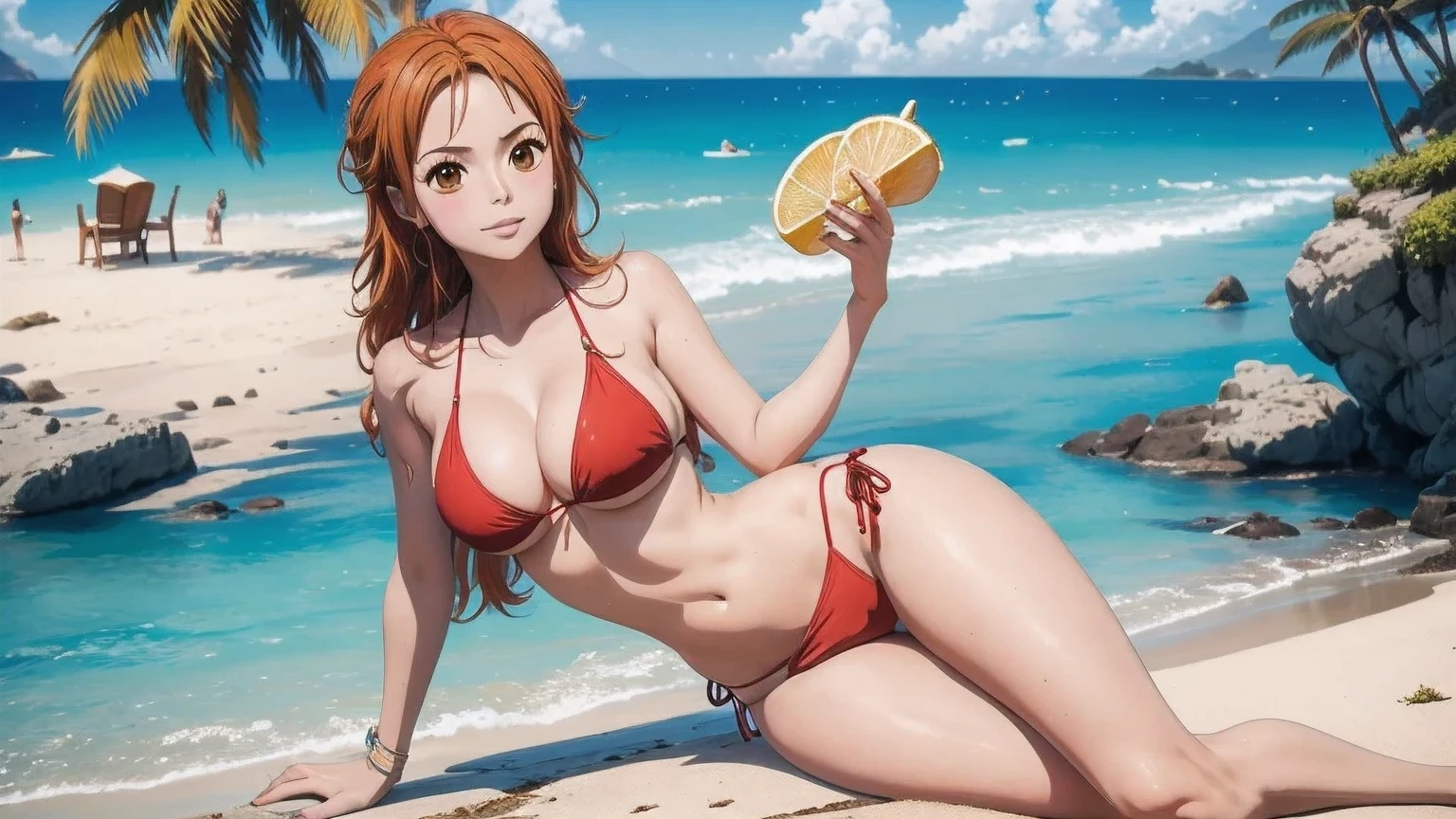 a single nami, one of a kind, sitting on the beach , wears a bikini and red miniskirt, olhos perfeitos , pernas perfeitas , coxa linda , cabelos rabo de cavalo laranjado , decote , peitos , segurando os peitos , lidas pernas , pernas perfeitas , paisagem bonita , uma obra-prima , arte de anime digital detalhada , Muito detalhes Artgerm haha, deviantart artstation cgsscosiety , fanart melhor artstation, Artgerm. alto detalhamento, peitos grandes, 8k , hdr.