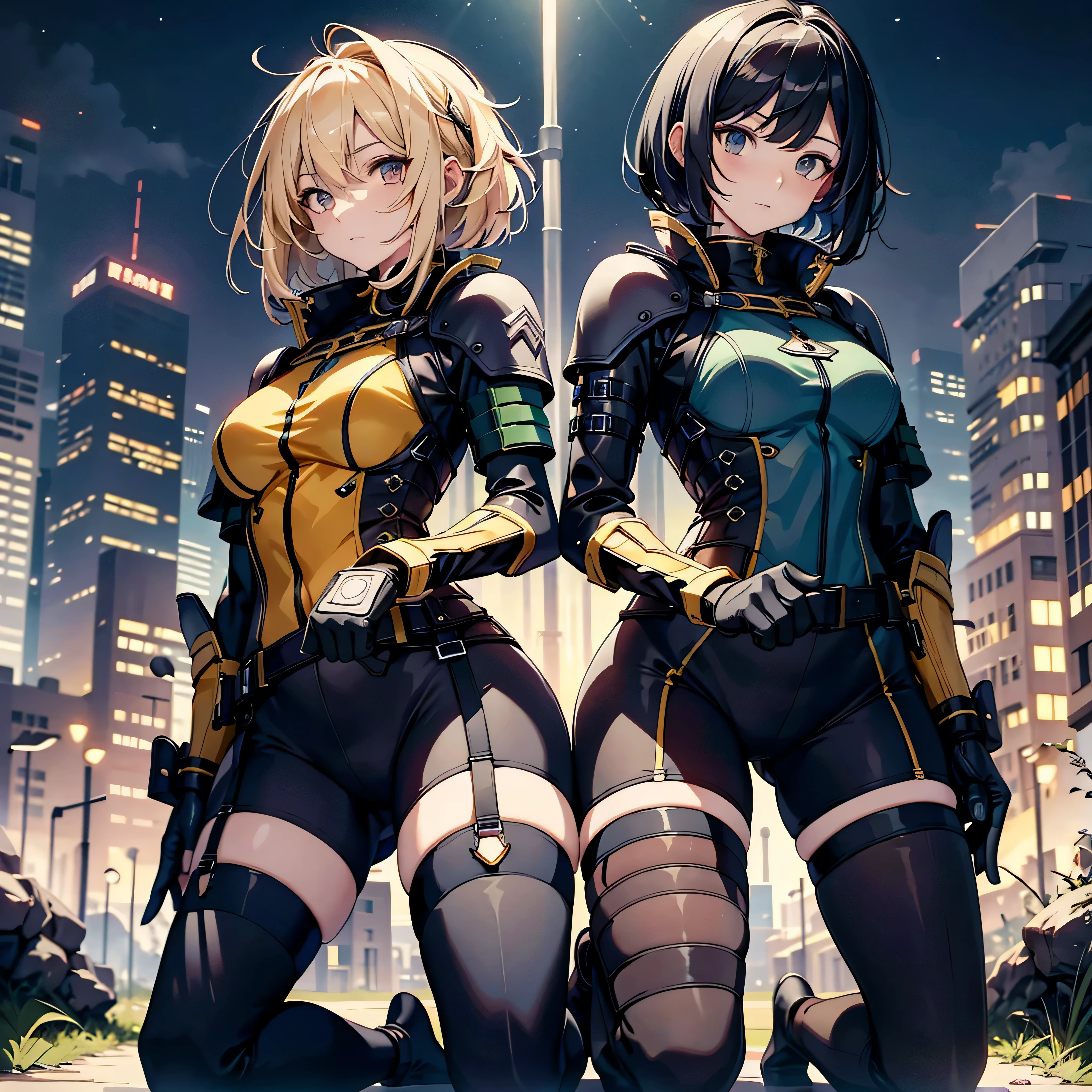 highest quality,T Masterpiece,final solution,Fluffy,非常にcolorful,colorful,female combatant,(kneeling pose)(pointing at your ass)mature woman,black super short hair,tight combat uniform,tight suit,steel city background,night,normal posture,normal posture