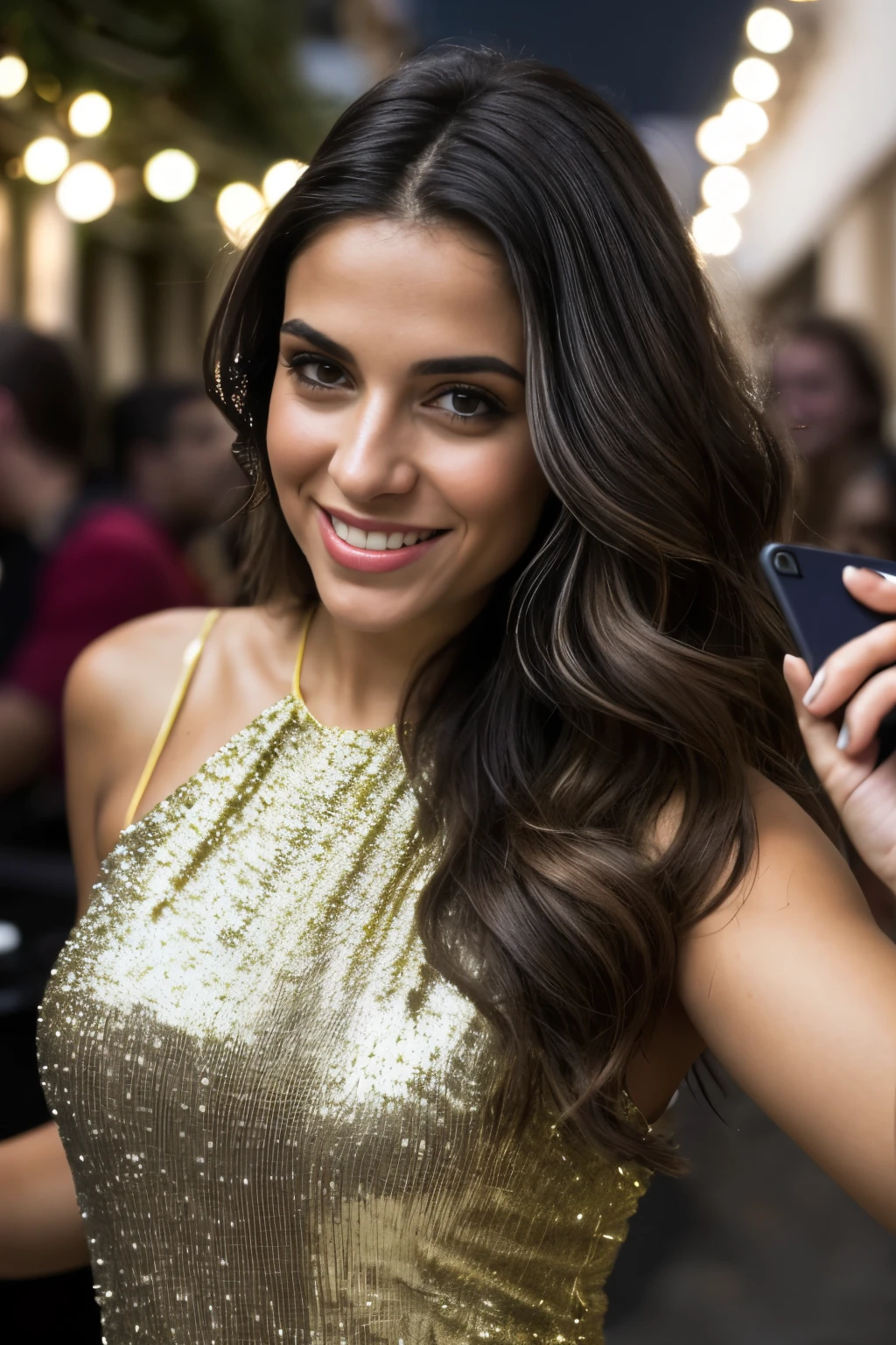 (RAW style, masterpiece, best quality, ultra-detailed), Realista, a 28-year-old Latin American Brazilian woman, casting a cheerful and happy expression as she takes a selfie during a festive occasion. Her medium brown hair cascades down her shoulders, framing her bright, clear eyes. Her petite figure is accentuated by a modest yet flattering outfit. The warm glow of the party lighting illuminates her skin with a cinematic effect, capturing every intricate detail in ultra-high resolution. The realistic rendering of her skin texture is further enhanced by the soft cinematic light, adding to the overall captivating and vibrant appearance of this beautiful woman