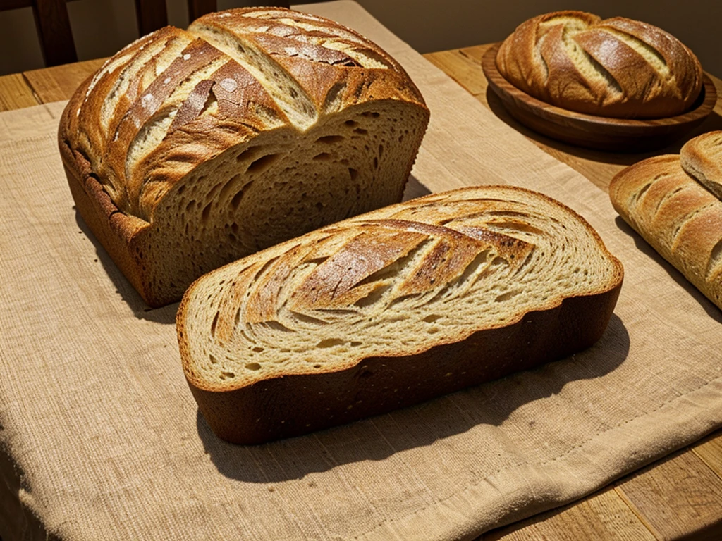 bread, loaves, bread on a table with a linen tablecloth, sliced wholemeal bread, bread with grain, slices