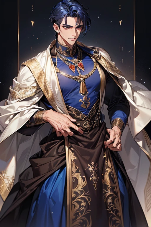 ((muste piece)), ((best quality)), ((brown skin)), ((dark blue eyes)), ((Dark blue hair))、handsome man , masculine、tall、sexy、Adult man、Three white eyes、handsome man、firmly、muscular、broad shoulders、wild、とてもwild、(((gown))、 (highest quality), very detailed, focus only, very detailed顔,