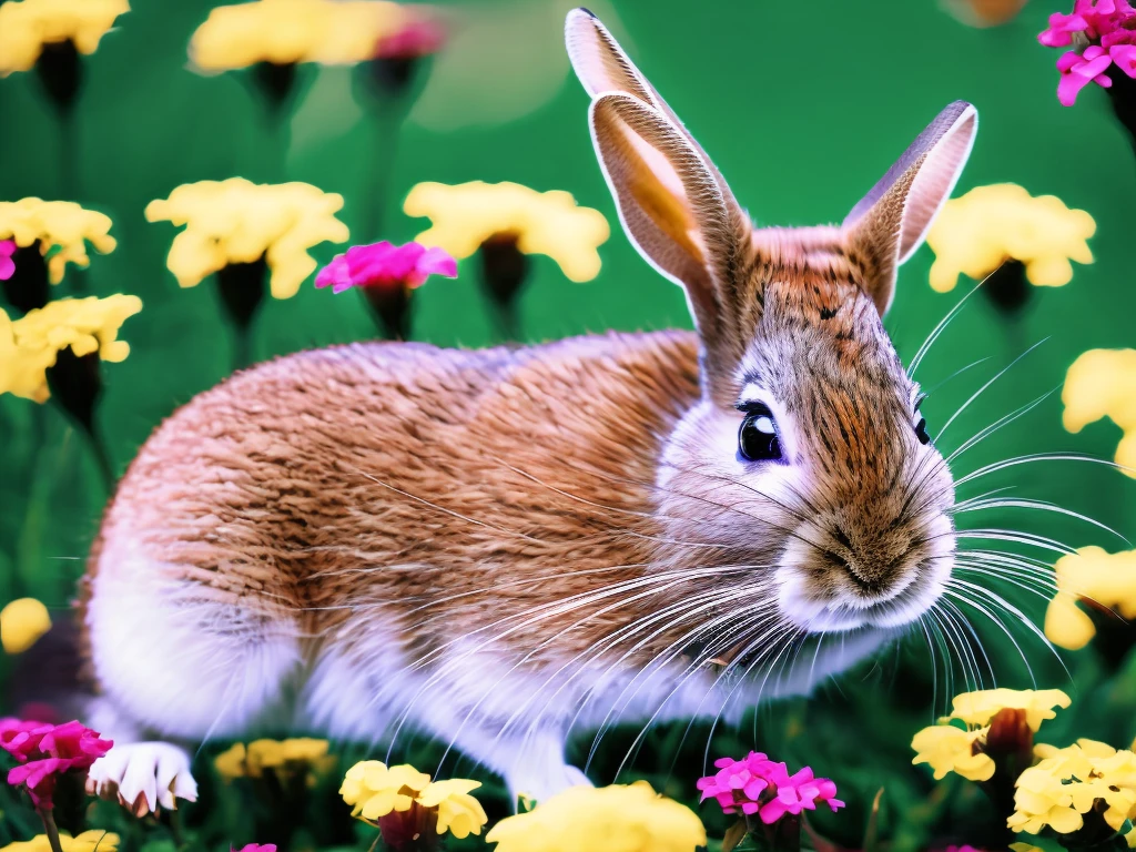 One rabbit looking straight at the camera in a meadow full of flowers, Warm Light