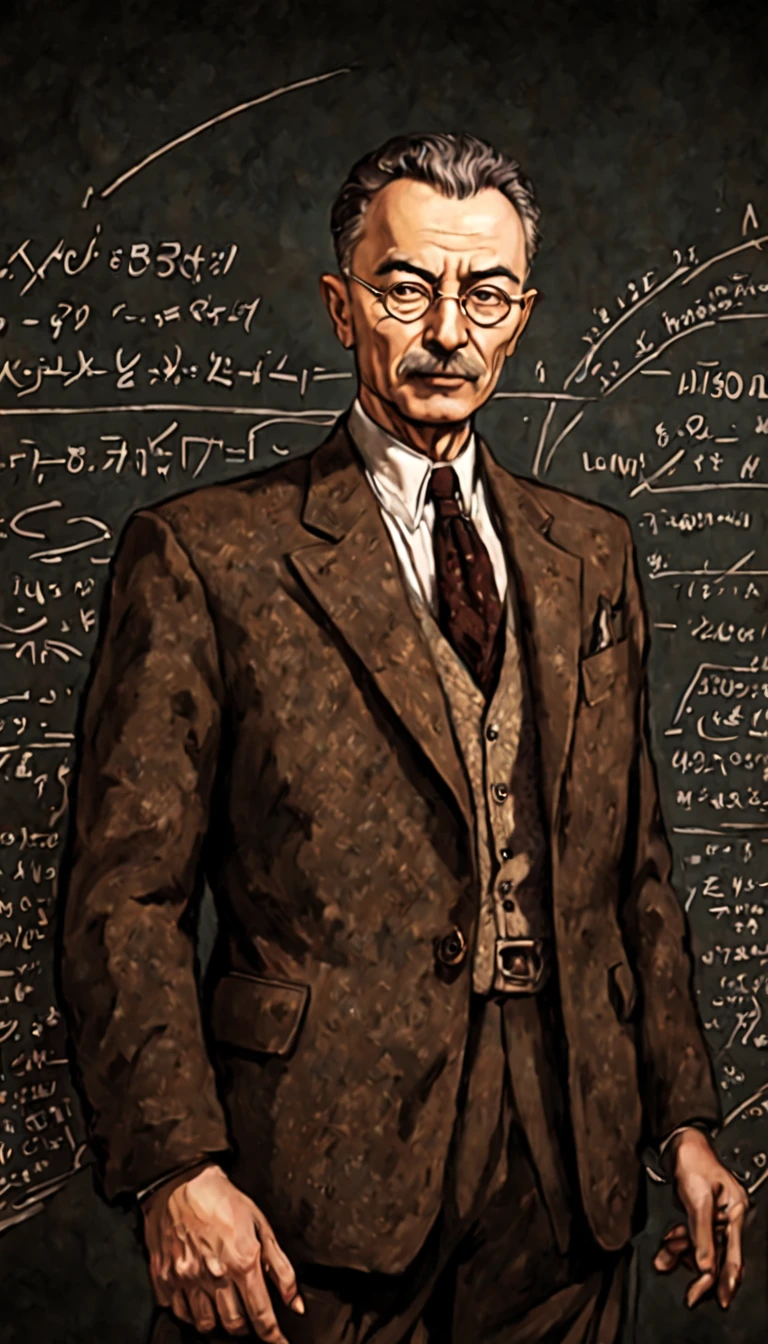 best quality,portrait's Kentaro Miura style,ultra-detailed,realistic colors,high-res, Adult Robert Oppenheimer,eminent physicist, detailed face and expression,serious gaze,T-shaped glasses,beard and mustache,shadowy lighting, 1940s attire,tweed jacket and bow tie,background with scientific symbols and equations,vibrant and contrasted colors, intense and dramatic atmosphere,captures the complexity of Oppenheimer's character and contributions to the atomic bomb, inspires sadness and reflection, visible drawing lines, black formal suit, upper body shot. blackboard on the background