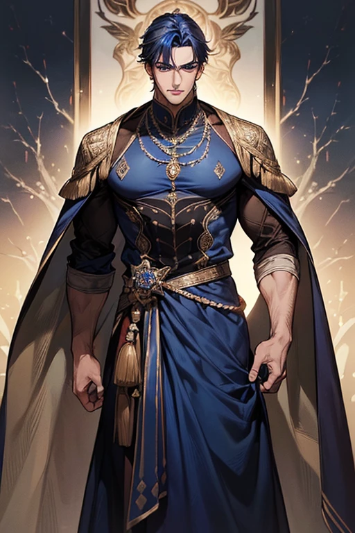 ((muste piece)), ((best quality)), ((brown skin)), ((dark blue eyes)), ((Dark blue hair))、handsome man , masculine、tall、sexy、Adult man、Three white eyes、handsome man、firmly、muscular、broad shoulders、wild、とてもwild、(((long gown))、 (highest quality), very detailed, focus only， very detailed顔，