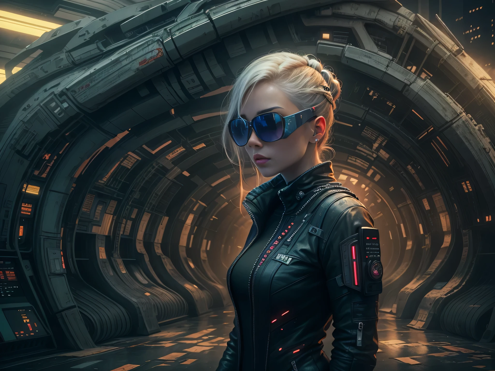 En un ambiente futurista y ciberpunk estilo Blade Runner, Captura una Imagen de una mujer rubia vestida con un traje cyberpunk que le tapa todo el cuerpo en un entorno cyberpunk alegre, surrounded by holographic code, interfaz de usuario futurista y paisajes virtuales, surreal cyberpunk art style, dressed in a xenomorph alien style suit and with dark cyberpunk sunglasses, Science fiction, Design h.r. giger, alíen xenomorfo, camera: POV, Lente: Lente de realidad aumentada, 4k resolution 