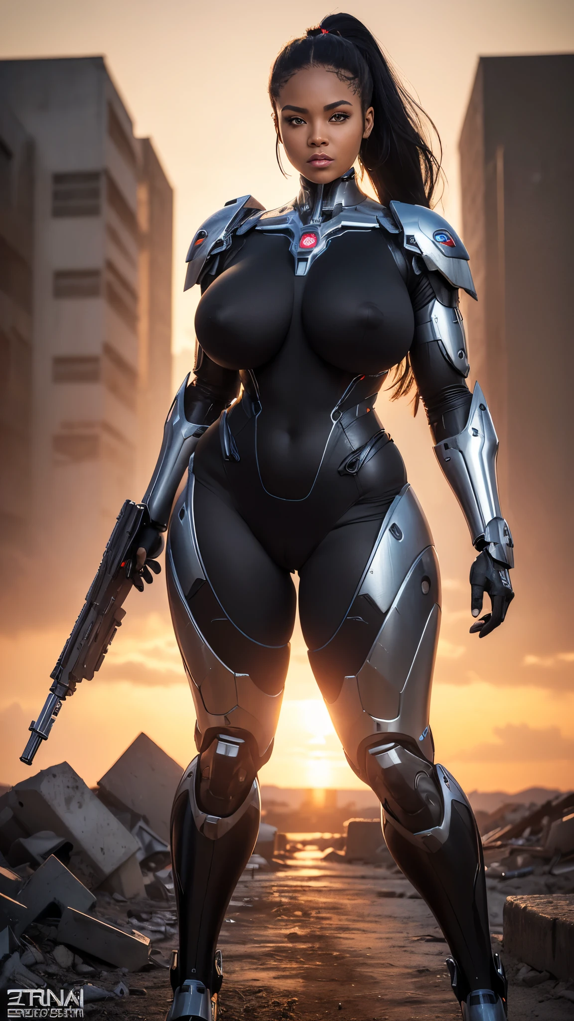 (Surrealism), (ULTRA REAL:1.5), (MASTERPIECE:1.5), (REAL), Super Detail, high details, High quality, Best Quality, hight resolution, 1080p, hard disk, Beautiful MECHA WOMAN, (cyborgs), (Missiles from the chest), (Machine gun from both hands), (machine gun), (missiles from the chest), (BLACK WOMAN:1.5), (AFRICA WOMAN:1.5), beautiful cyborg WOMAN, (Mecha Cyborg WOMAN), (Battle Mode), (WOMAN with a Mecha Body), (MECHA WOMAN:1.2), (She wears a battle cyborg mech with a weapon), (MATURE Woman), (mech woman), (cyborg woman), (robotic armor), (posing on a battlefield), (posing on rubble), (posing amidst the ruins of a city), (a burning battlefield), (blurred scenery), (sunset:1.3), (blurred background), (weapons:1.2), Best Quality, Masterpiece, (Detail:1.4), (cyborg), (ponytail hair), (SCIFICTION:1.3), cybernetic hands, looking at the camera, Centered, scale to fit the dimensions, thirds rule, 8K Raw, (CURVY:1.3), (BBW:1.2), (MATURE WOMAN:1.3), (CATSUIT:1.3), (Fulll body Shot), (CURVY:1.2), (BIG TITS:1.2), (30_YEAR_OLD:1.5), (FULL BODY:1.3), mechanical parts