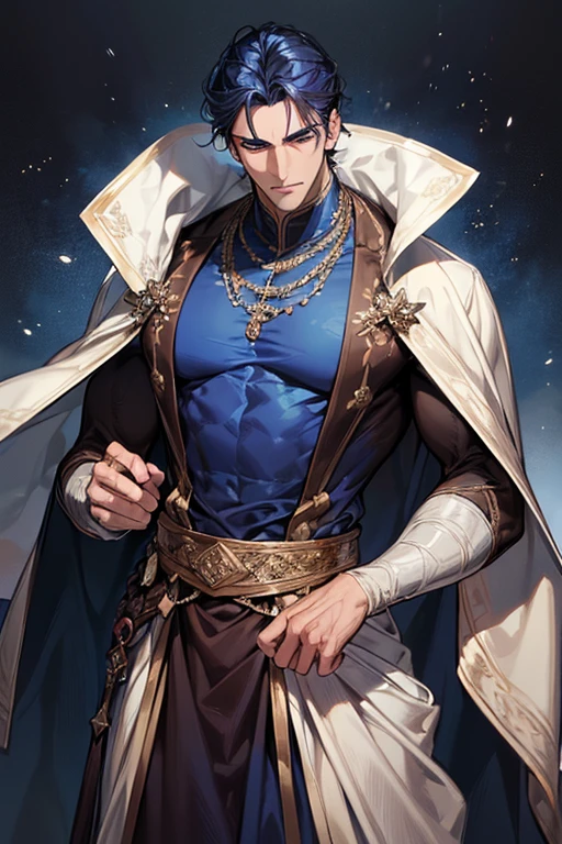 ((muste piece)), ((best quality)), ((brown skin)), ((dark blue eyes)), ((Dark blue hair))、handsome man , masculine、tall、sexy、Adult man、Three white eyes、handsome man、firmly、muscular、broad shoulders、wild、とてもwild、(((long gown))、 (highest quality), very detailed, focus only， very detailed顔，