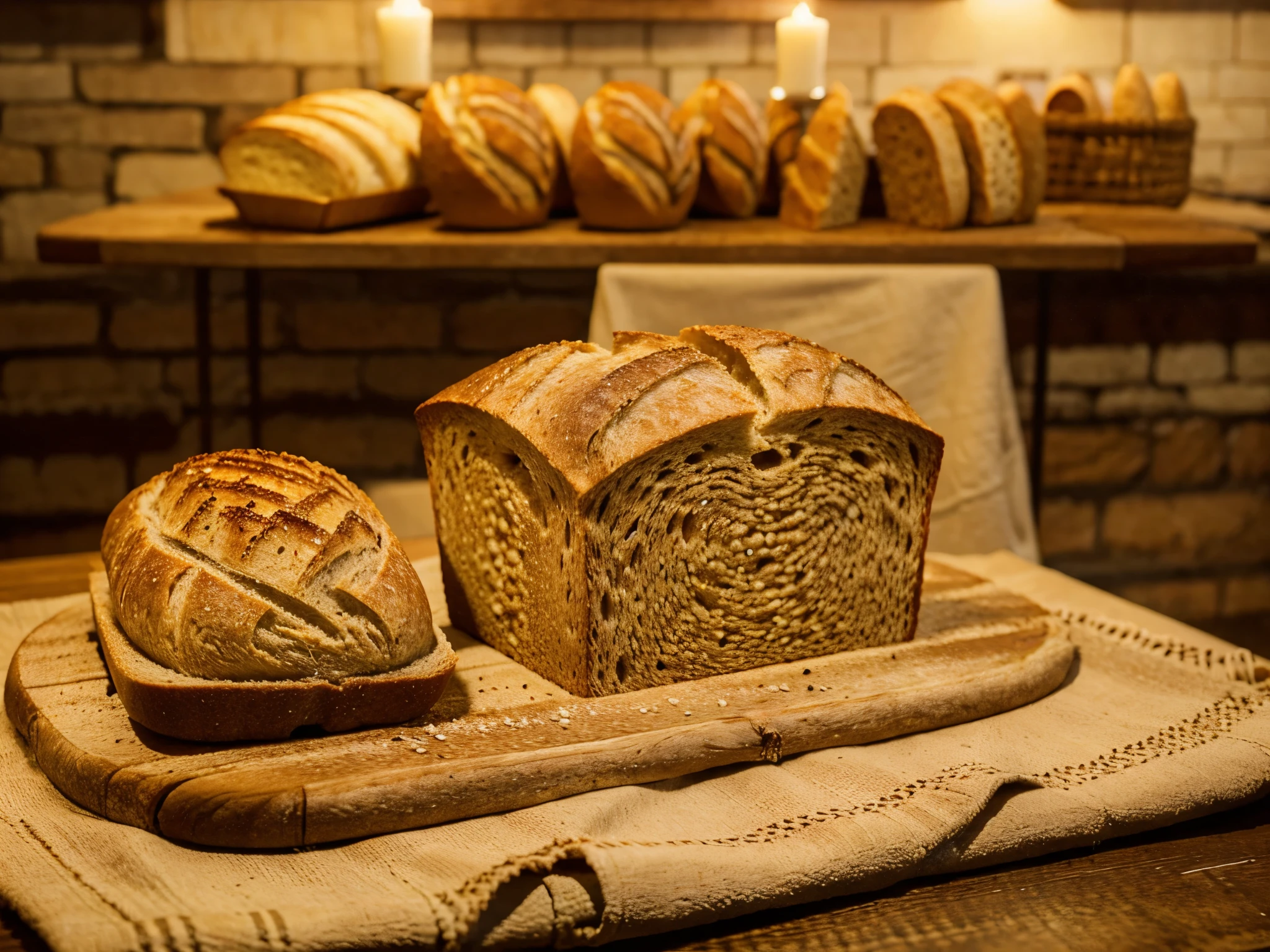 bread, loaves, bread on a table with a linen tablecloth, sliced wholemeal bread, bread with grain, slices