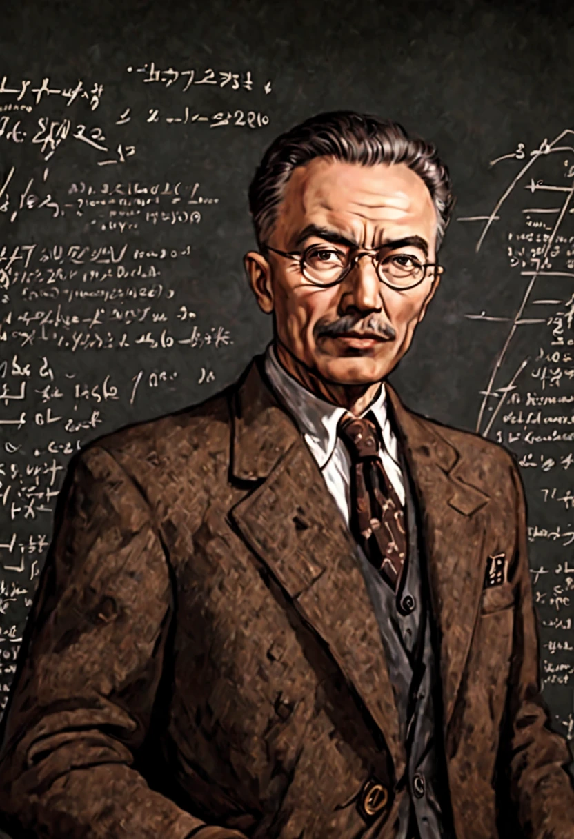 best quality,portrait's Kentaro Miura style,ultra-detailed,realistic colors,high-res, Adult Robert Oppenheimer,eminent physicist, detailed face and expression,serious gaze,T-shaped glasses,beard and mustache,shadowy lighting, 1940s attire,tweed jacket and bow tie,background with scientific symbols and equations, black and white color, intense and dramatic atmosphere,captures the complexity of Oppenheimer's character and contributions to the atomic bomb, inspires sadness and reflection, visible drawing lines, black formal suit, upper body shot. blackboard on the background
