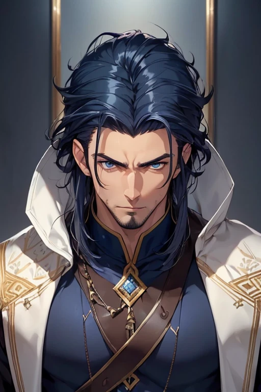 ((muste piece)), ((best quality)), ((brown skin)), ((dark blue eyes)), ((Dark blue hair))、handsome man , masculine、tall、sexy、Adult man、Three white eyes、handsome man、firmly、muscular、broad shoulders、wild、とてもwild、(((long gown))、 (highest quality), very detailed, focus only， very detailed顔，