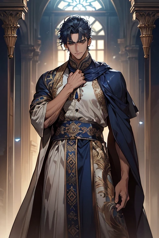((muste piece)), ((best quality)), ((brown skin)), ((dark blue eyes)), ((Dark blue hair))、handsome man , masculine、tall、sexy、Adult man、Three white eyes、handsome man、firmly、muscular、broad shoulders、wild、とてもwild、(((long gown))、 (highest quality), very detailed, focus only, very detailed顔,