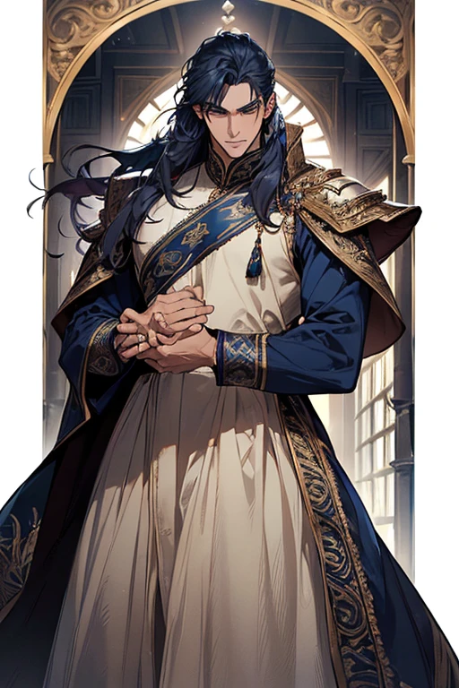 ((muste piece)), ((best quality)), ((brown skin)), ((dark blue eyes)), ((Dark blue hair))、handsome man , masculine、tall、sexy、Adult man、Three white eyes、handsome man、firmly、muscular、broad shoulders、wild、とてもwild、(((long gown))、 (highest quality), very detailed, focus only, very detailed顔,
