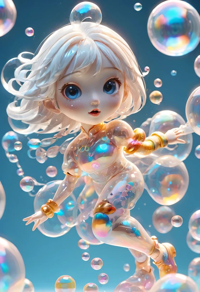 masterpiece, best quality, official art, 8k wallpaper, Very detailed, illustration, 1 girl, white hair, beautiful eyes, stocking pattern, Super charming Girl Full Body 3D Drawing, beautiful eyes, big eyes, charming, happy, c4d, Popular matte blind box, glow泡泡, Toy, solid color background, chibi, Fluorescent translucent, glow, kawaii, Toy娃娃, Bubble Mart Blind Box, Pixar, intricate details, 3d rendering, blender, Overclocked renderer, body reference table,dribbble,high detail,8k,studio lighting,Change,small,child,chibi ,