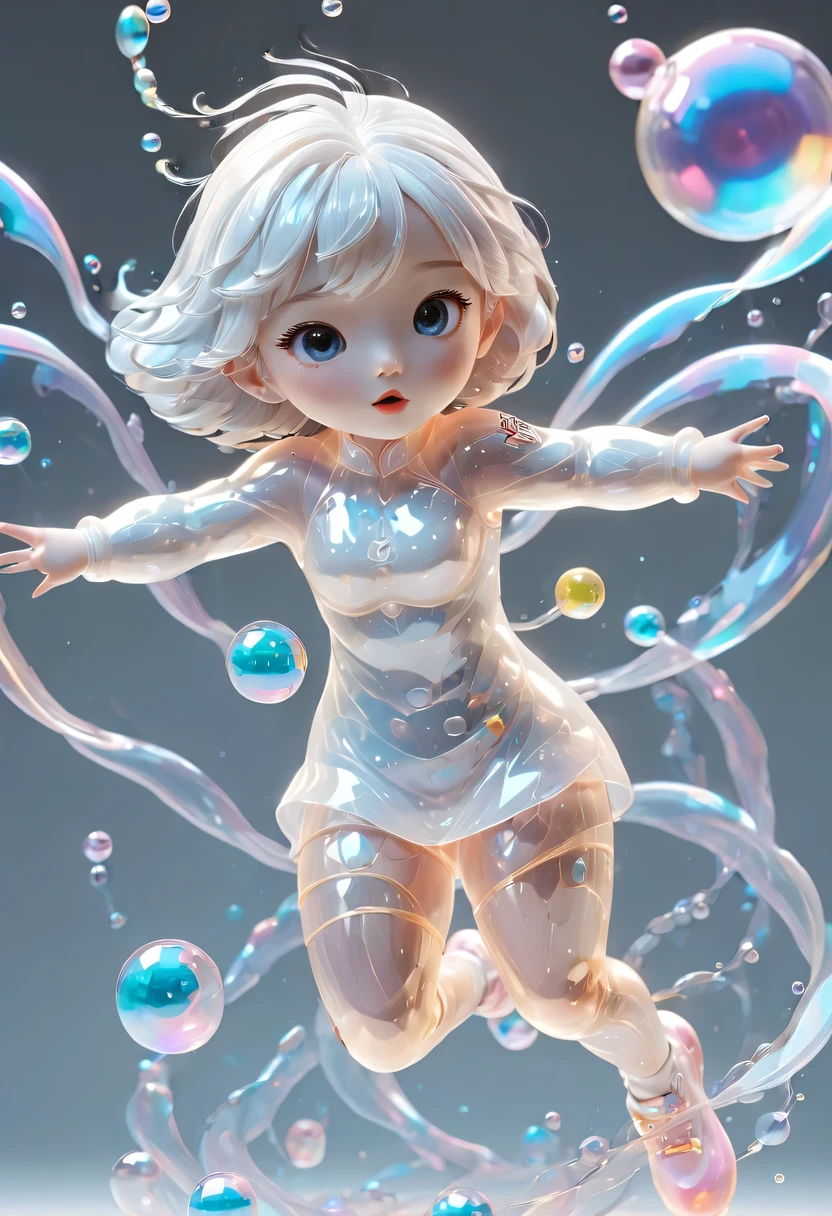 masterpiece, best quality, official art, 8k wallpaper, Very detailed, illustration, 1 girl, white hair, beautiful eyes, stocking pattern, Super charming Girl Full Body 3D Drawing, beautiful eyes, big eyes, charming, happy, c4d, Popular matte blind box, glow泡泡, Toy, solid color background, chibi, Fluorescent translucent, glow, kawaii, Toy娃娃, Bubble Mart Blind Box, Pixar, intricate details, 3d rendering, blender, Overclocked renderer, body reference table,dribbble,high detail,8k,studio lighting,Change,small,child,chibi ,