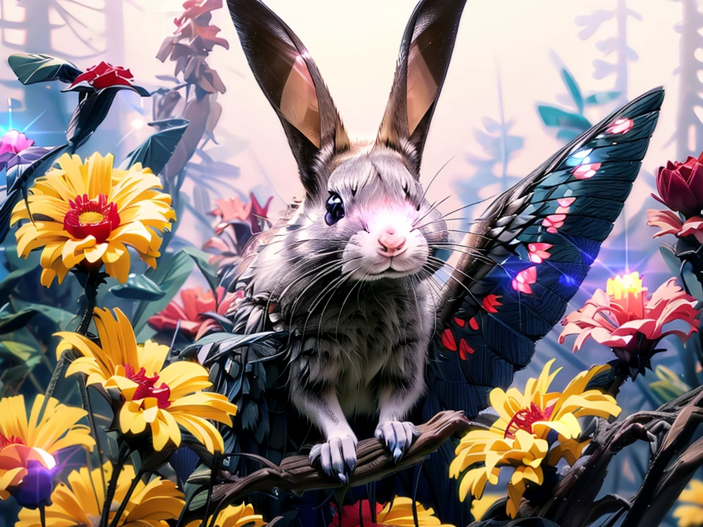 One rabbit looking straight at the camera in a meadow full of flowers, Warm Light